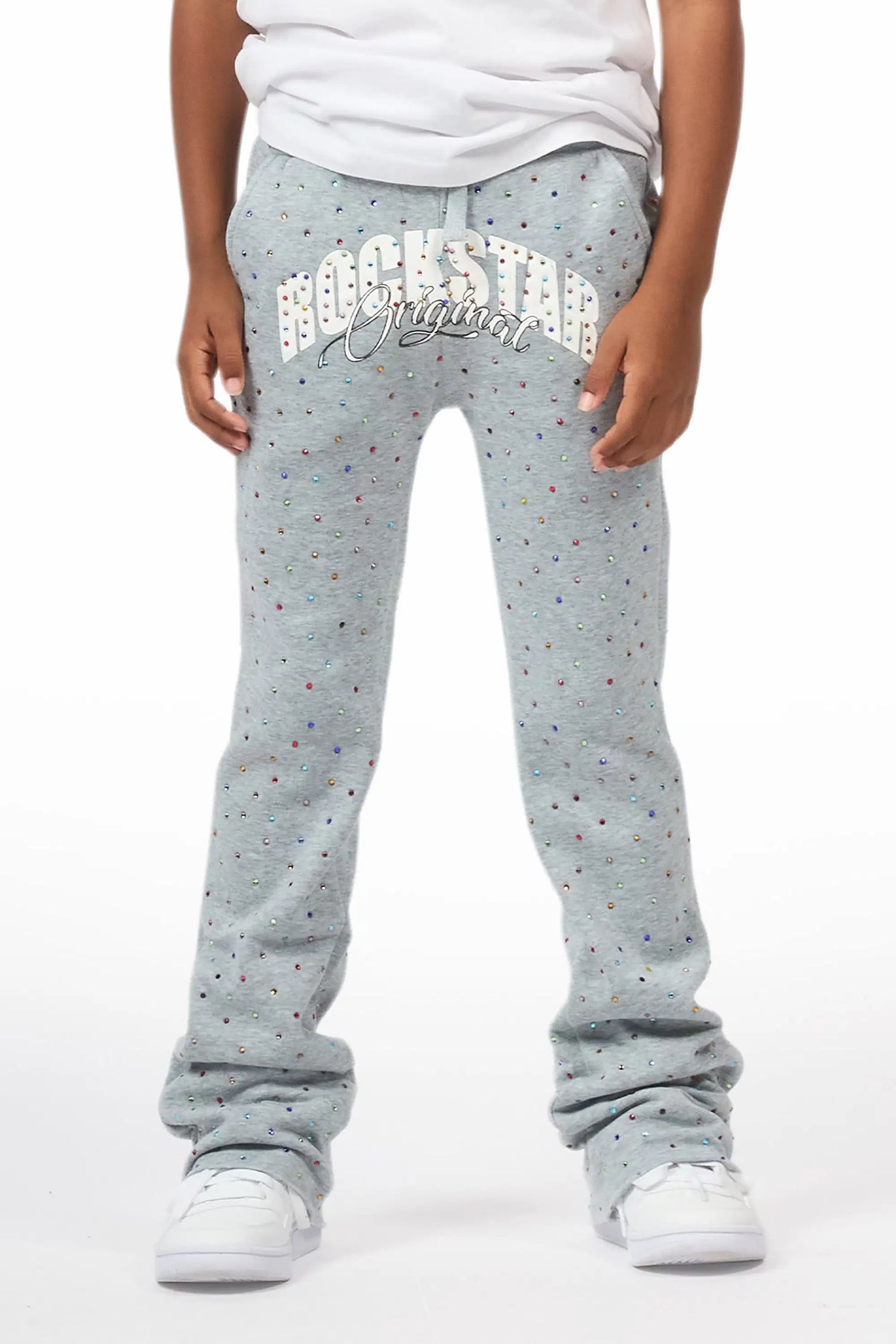 Boys Franchesco Heather Grey Rhinestone Stacked Track Pant