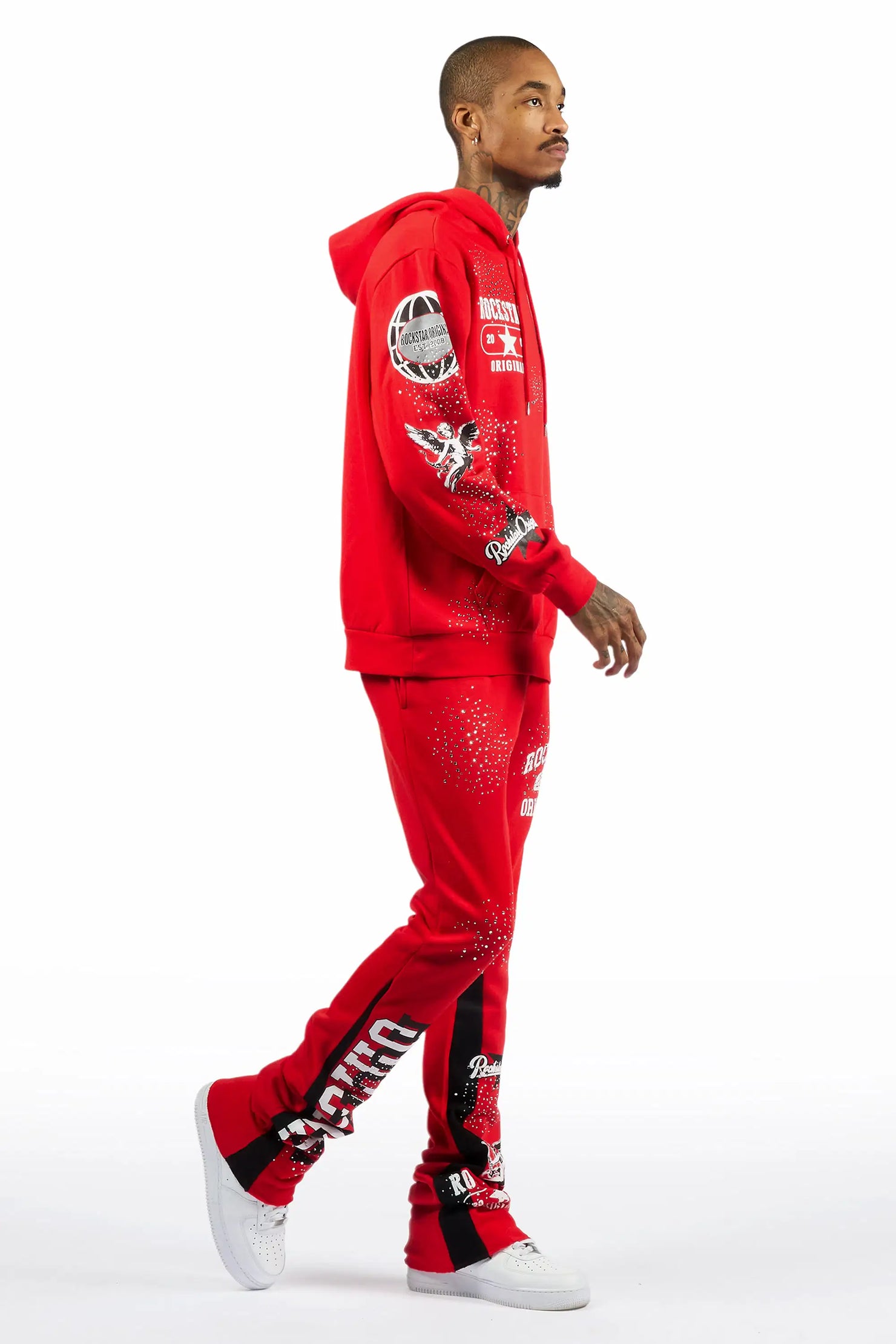 Gutta 2.0 Red Rhinestone Hoodie/Stacked Flare Track Set