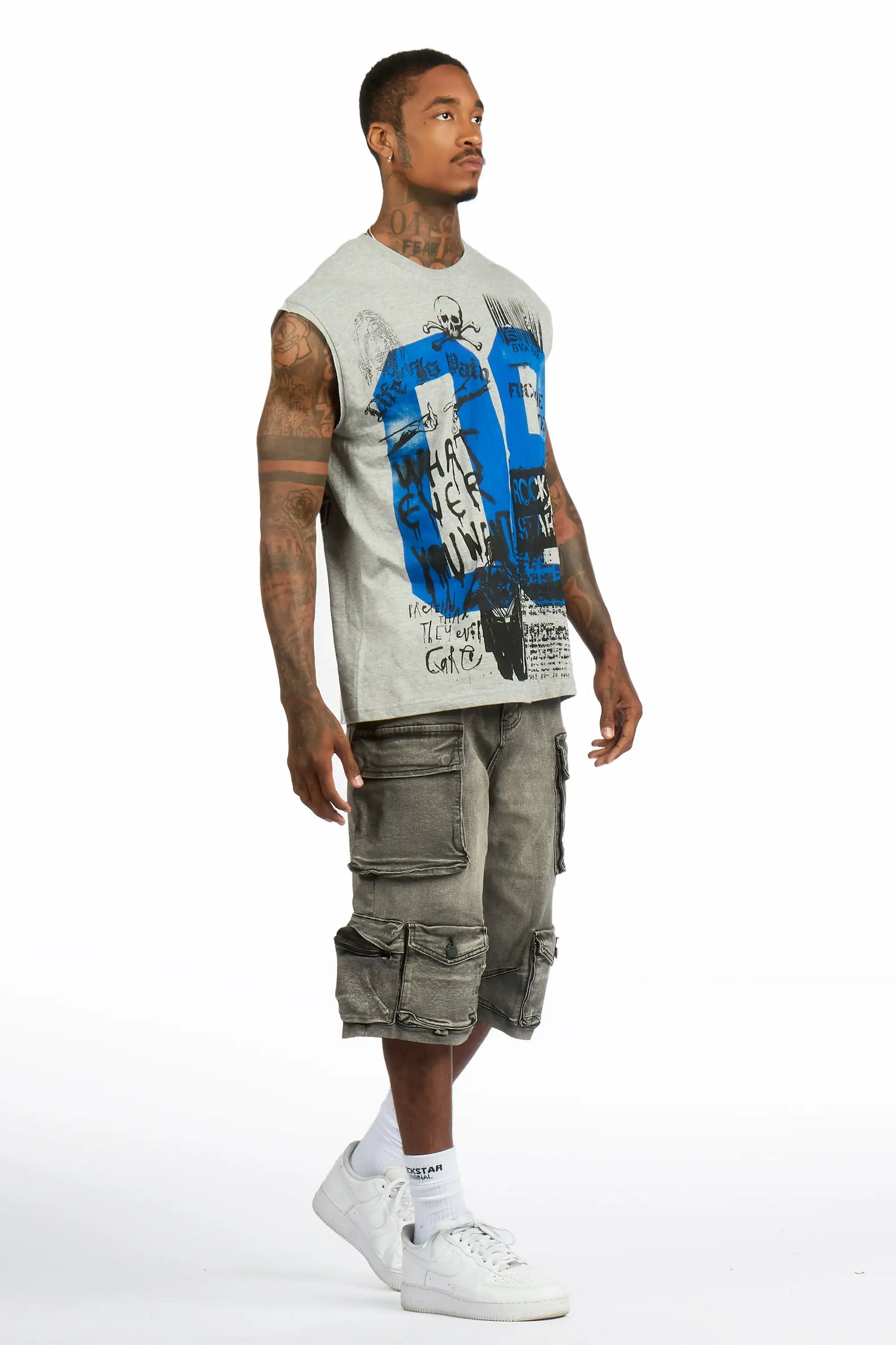 Grill 3.0 Heather Grey/Grey Oversized Graphic T-Shirt & Mahesh Baggy Cargo Jean Short
