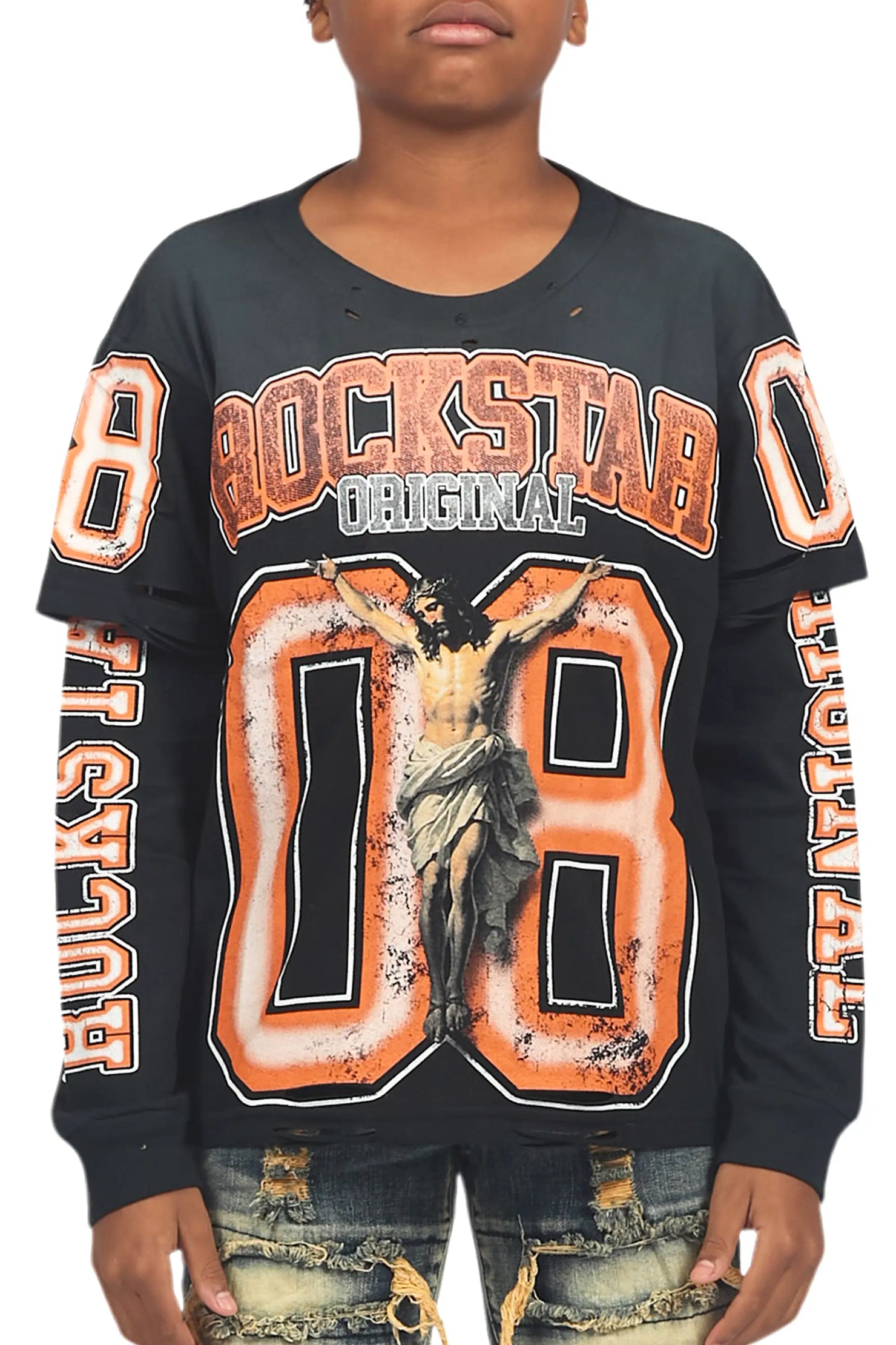Boys Fields Black/Orange Double Layer L/S Graphic T-Shirt