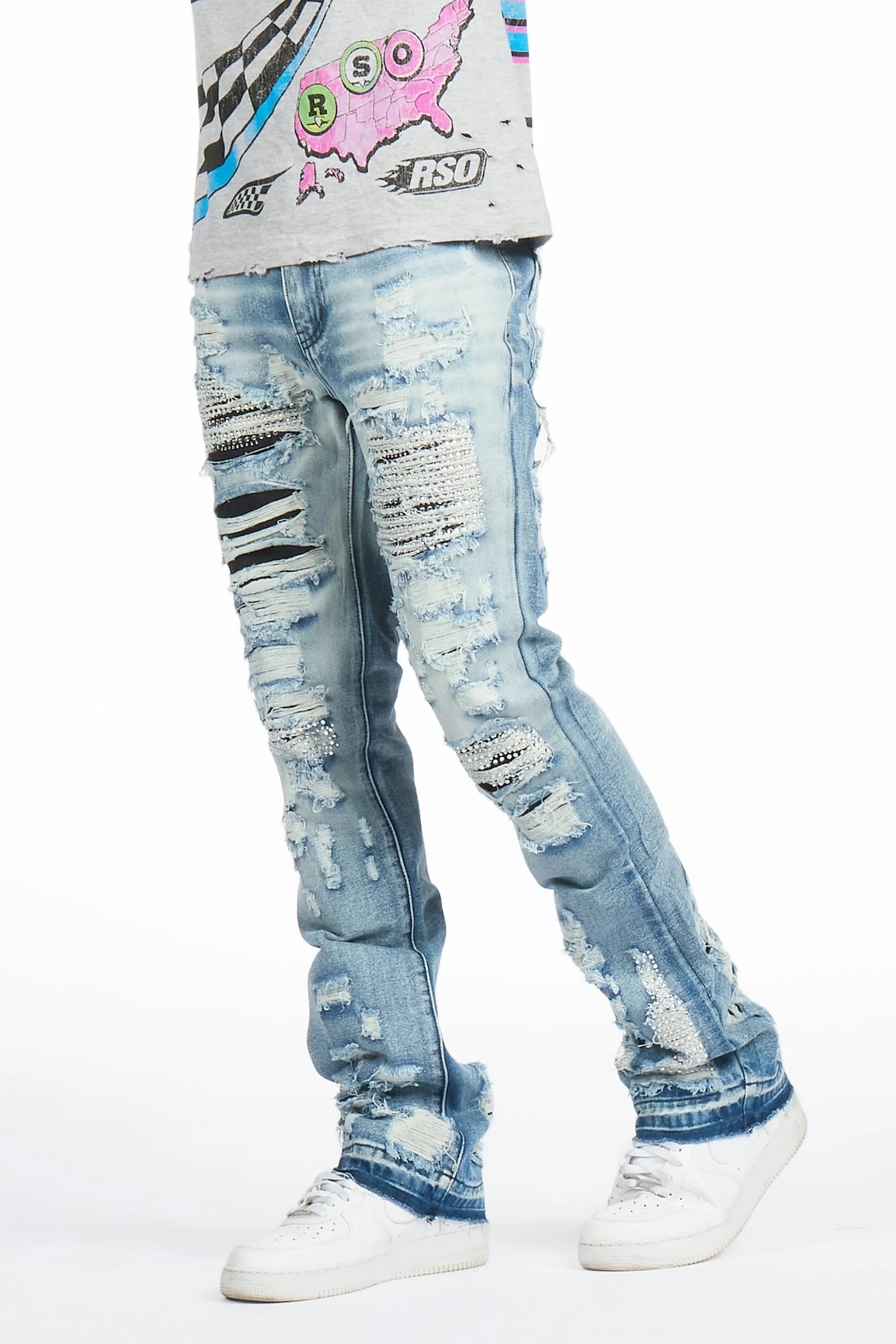 Mathey Light Blue Rhinestone Stacked Fit Jean