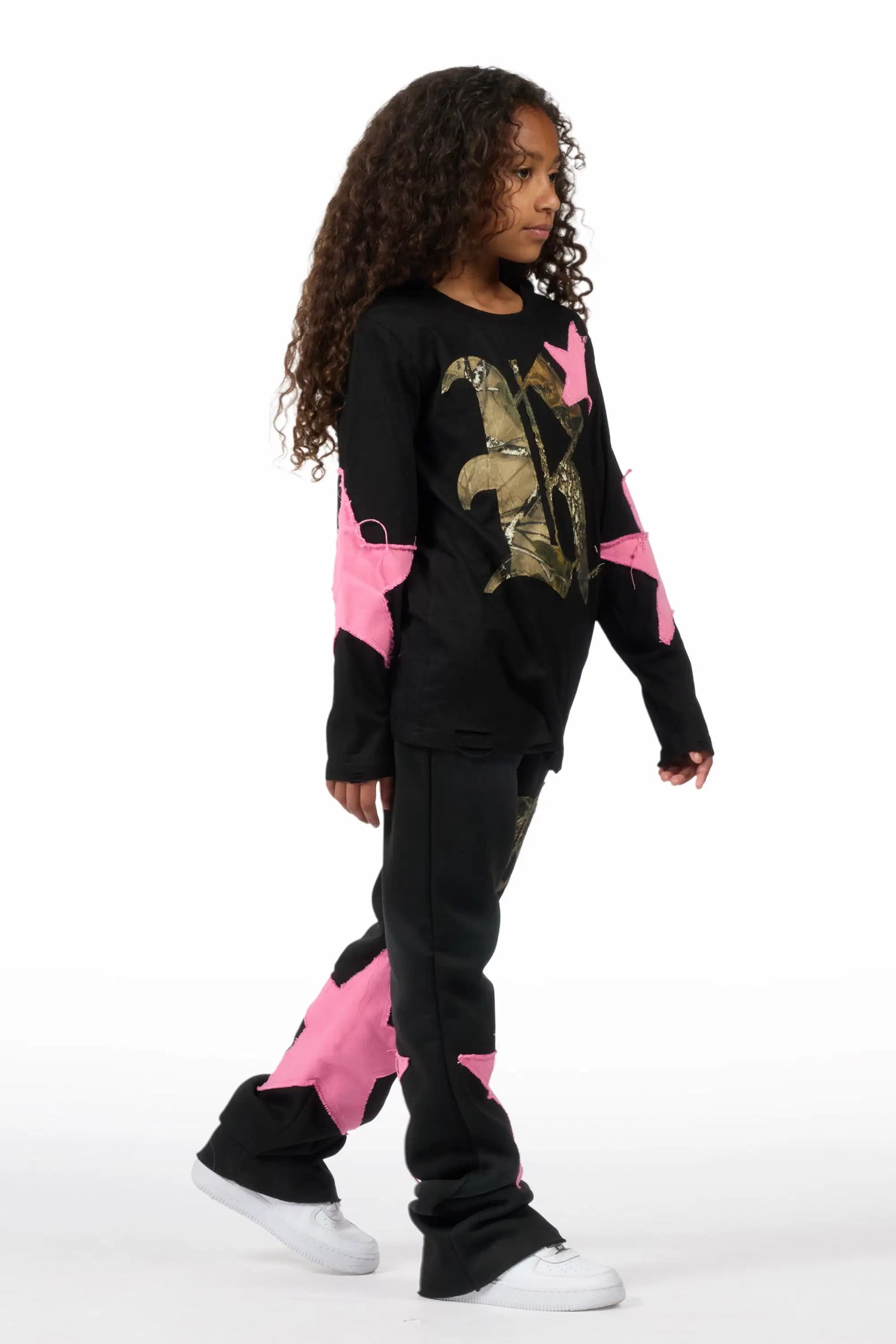 Girls Delgera Black/Pink Long Sleeve T-Shirt Track Set