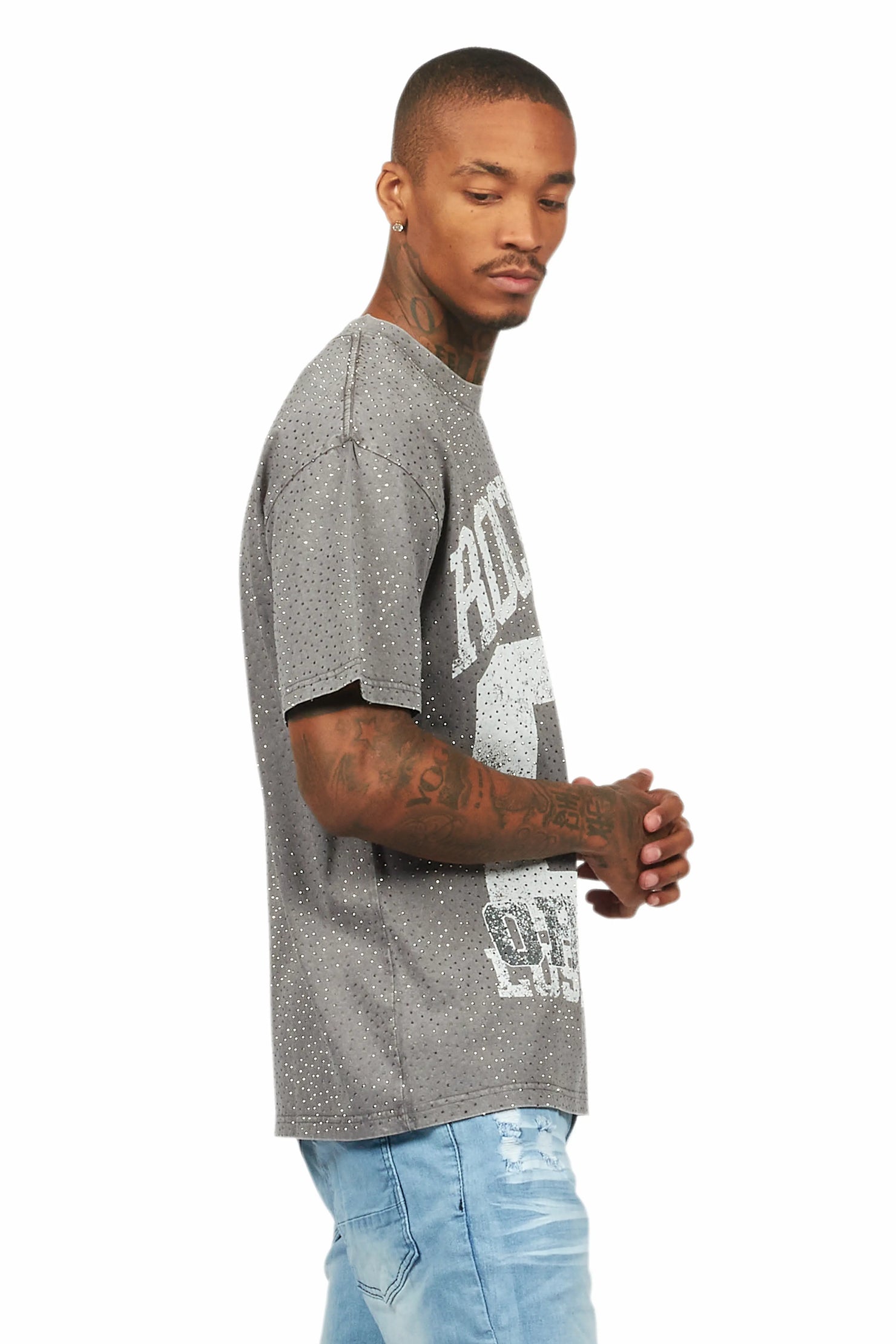 Flamur Grey Graphic Rhinestone T-Shirt