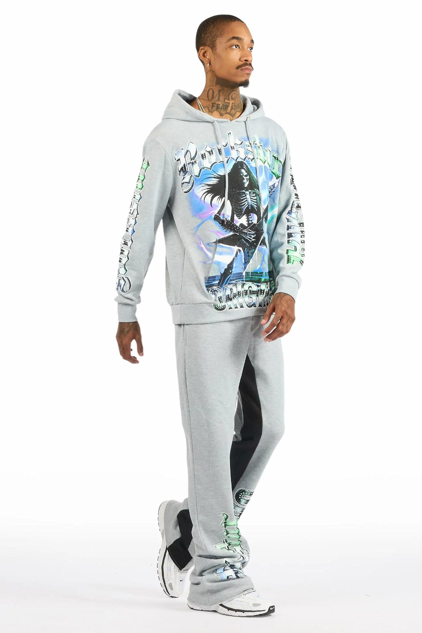 Wekken Heather Grey/Blue Hoodie/Baggy Stacked Track Pant Set