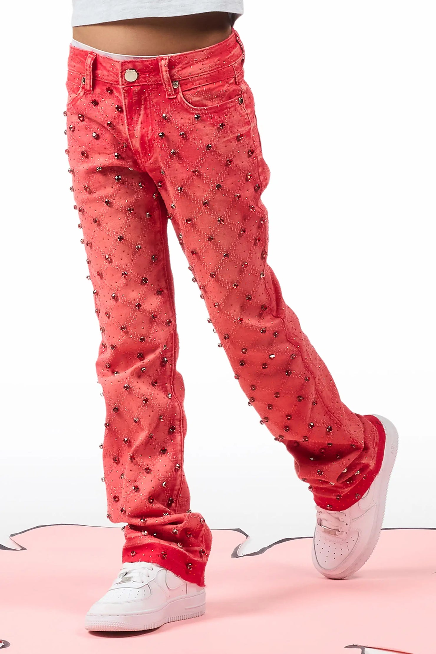 Girls Glit Red Rhinestone Stacked Flare Jean