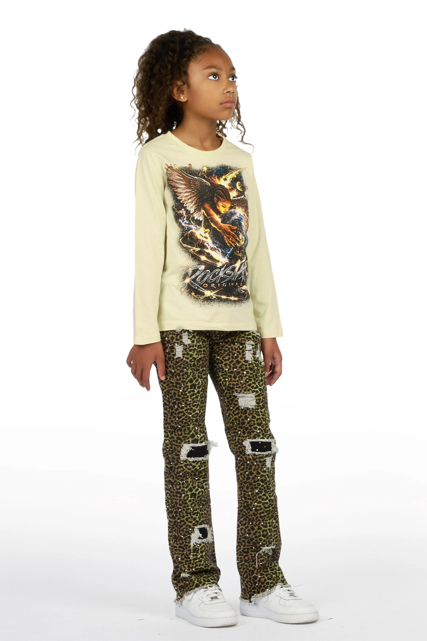 Girls Kearnly Sand/Cheetah Long Sleeve T-Shirt Rhinestone Jean Set