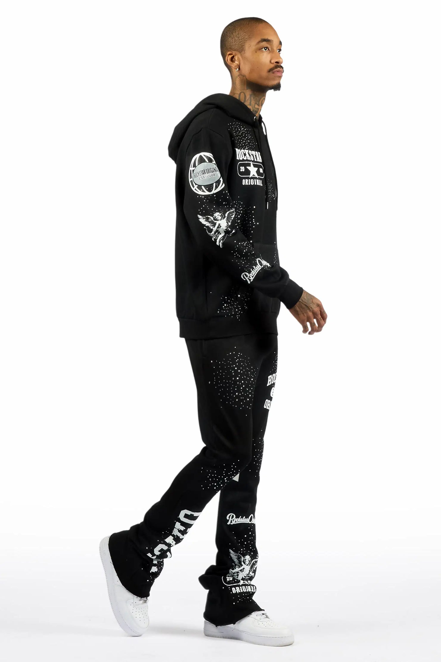 Gutta 2.0 Black Rhinestone Hoodie/Stacked Flare Track Set