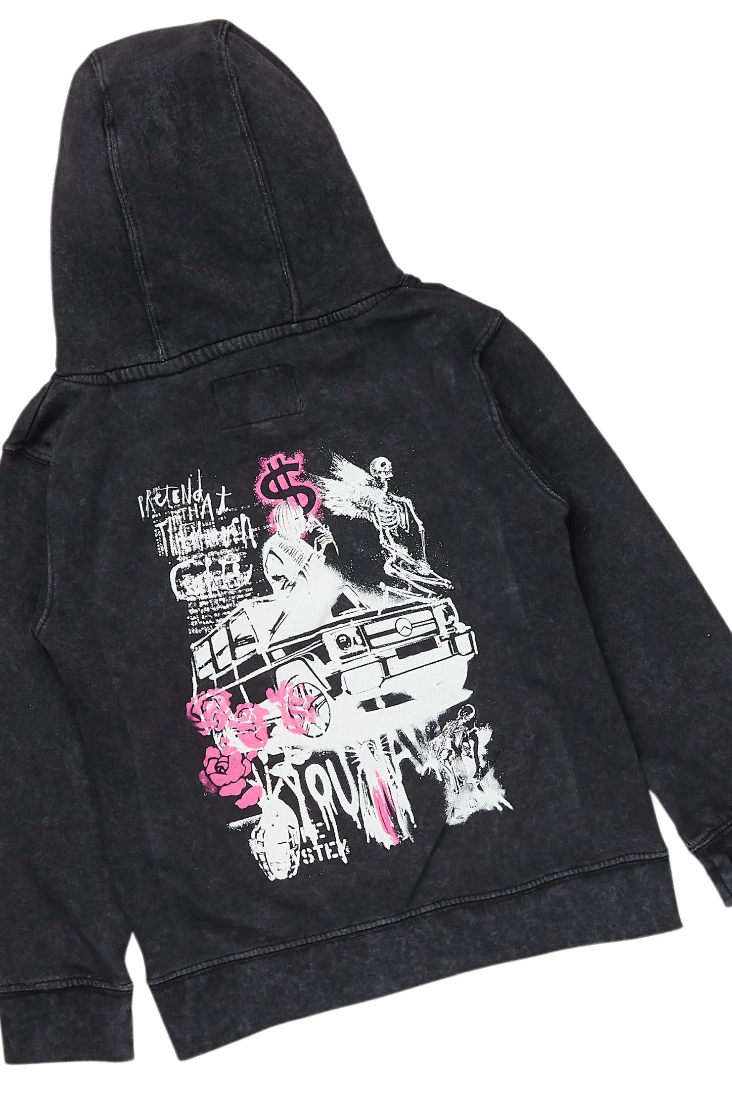 Girls Kammy Vintage Black Hoodie/Stacked Flare Jean Set