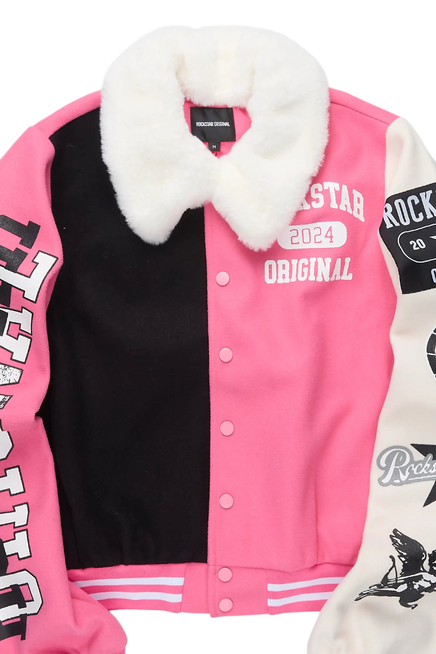 Kisha Pink/Black/White Fur Collar Varsity Jacket