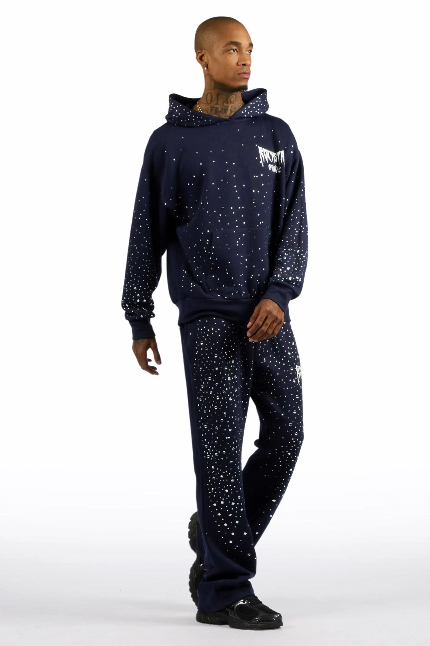 Twinkle Navy/White Rhinestone Hoodie Relaxed Track Set