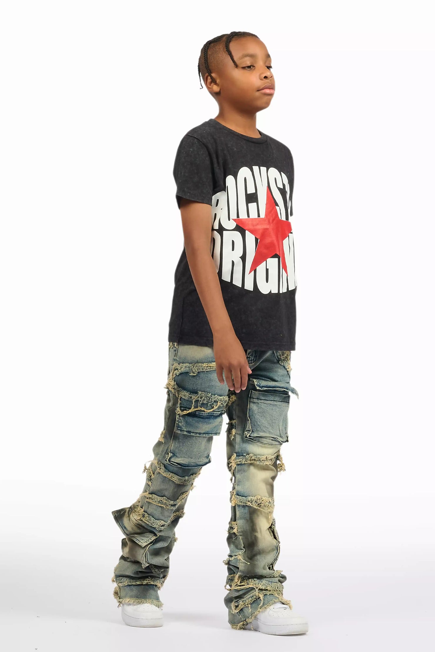 Boys Yves Blue Ripped Stacked Flare Cargo Jeans