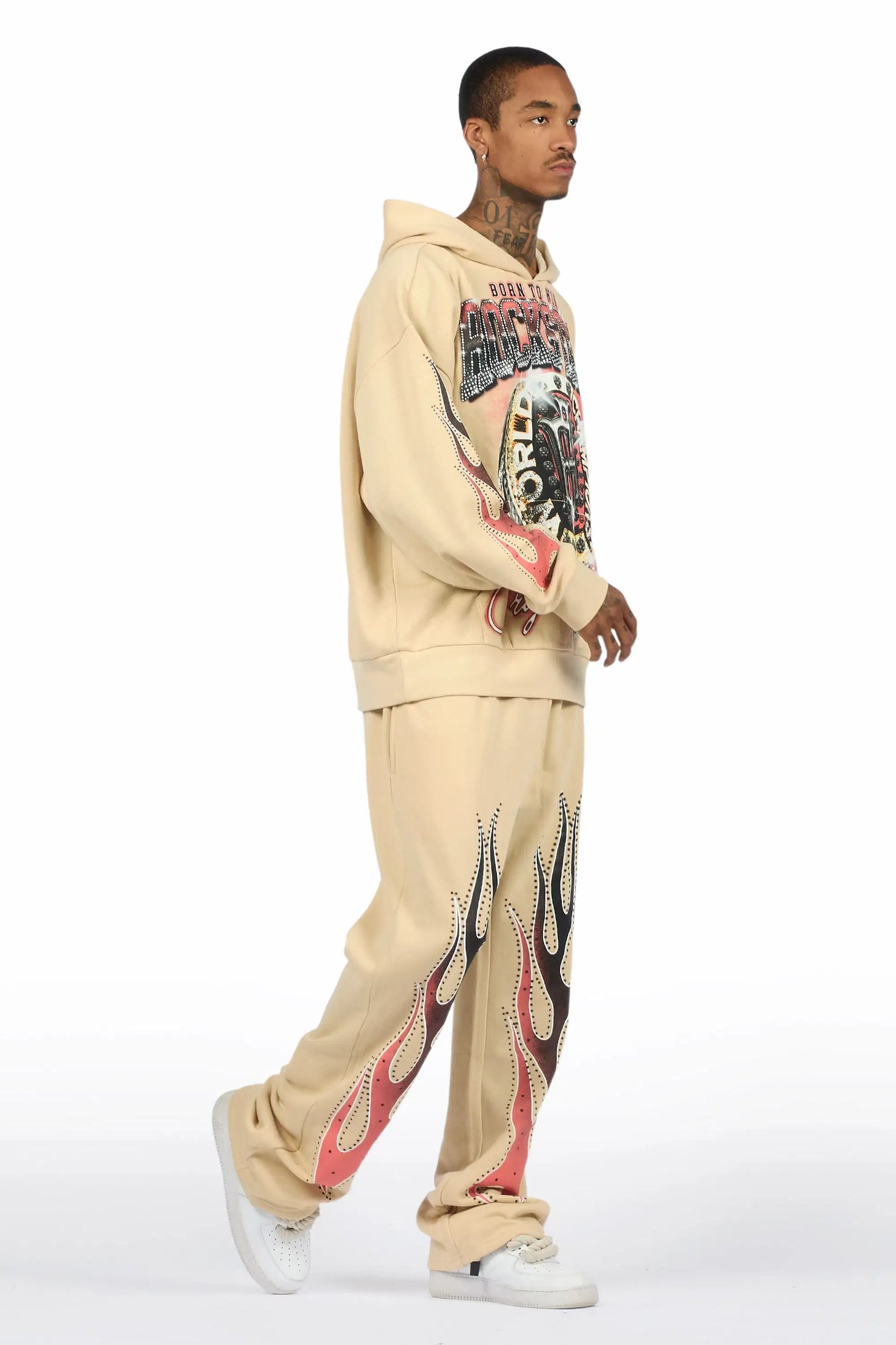 Glans Beige Hoodie/Baggy Pant Track Set