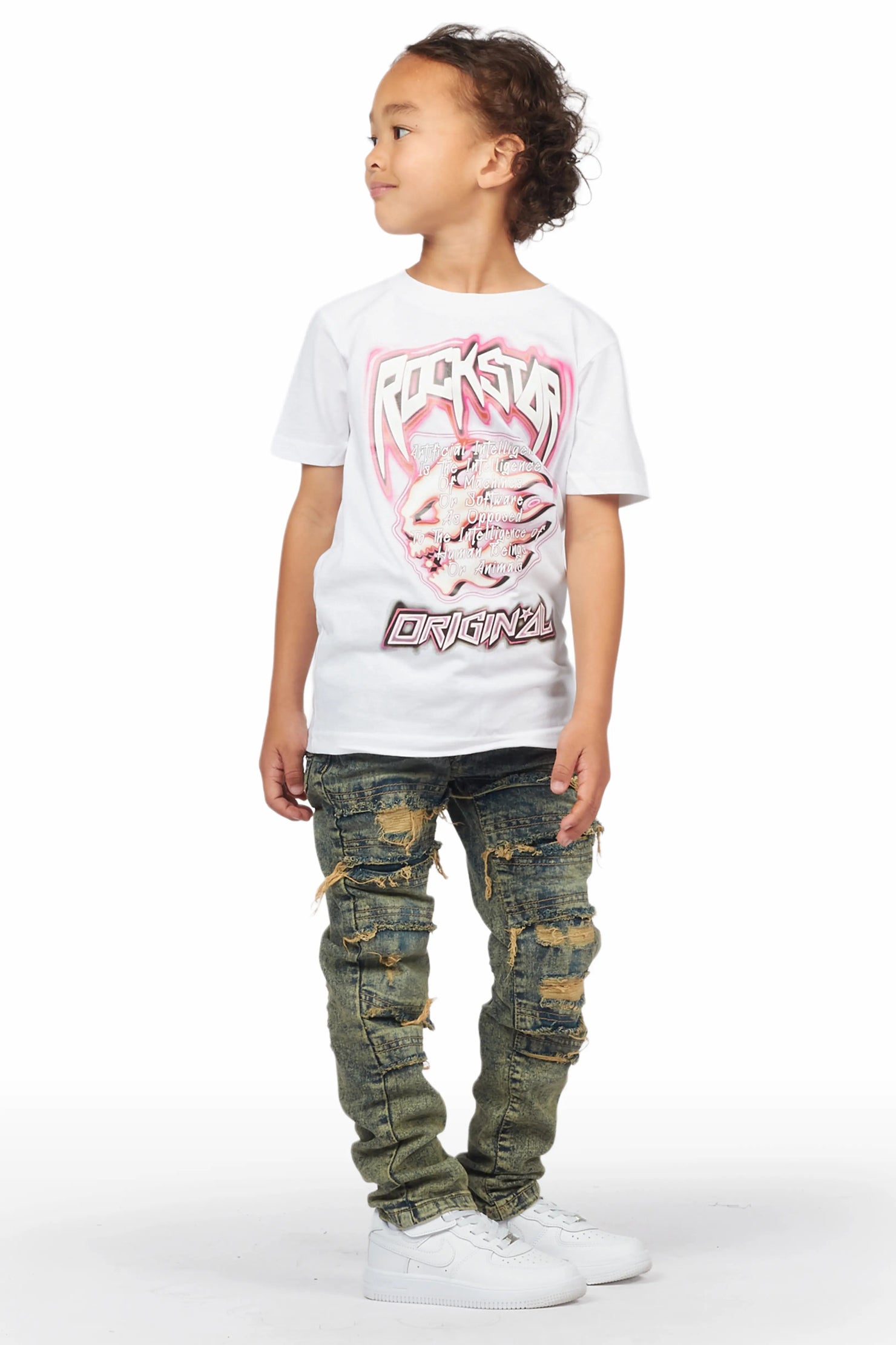 Boys Yates White/Light Blue T-ShirT/Frayed Jean Set