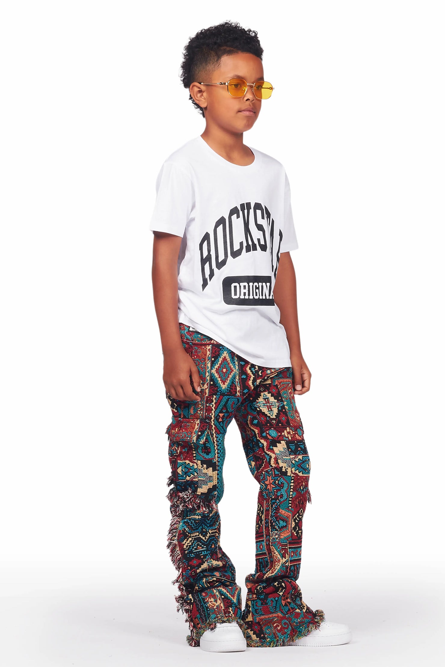 Boys Ayami Red Slim Tapestry Flare Pants