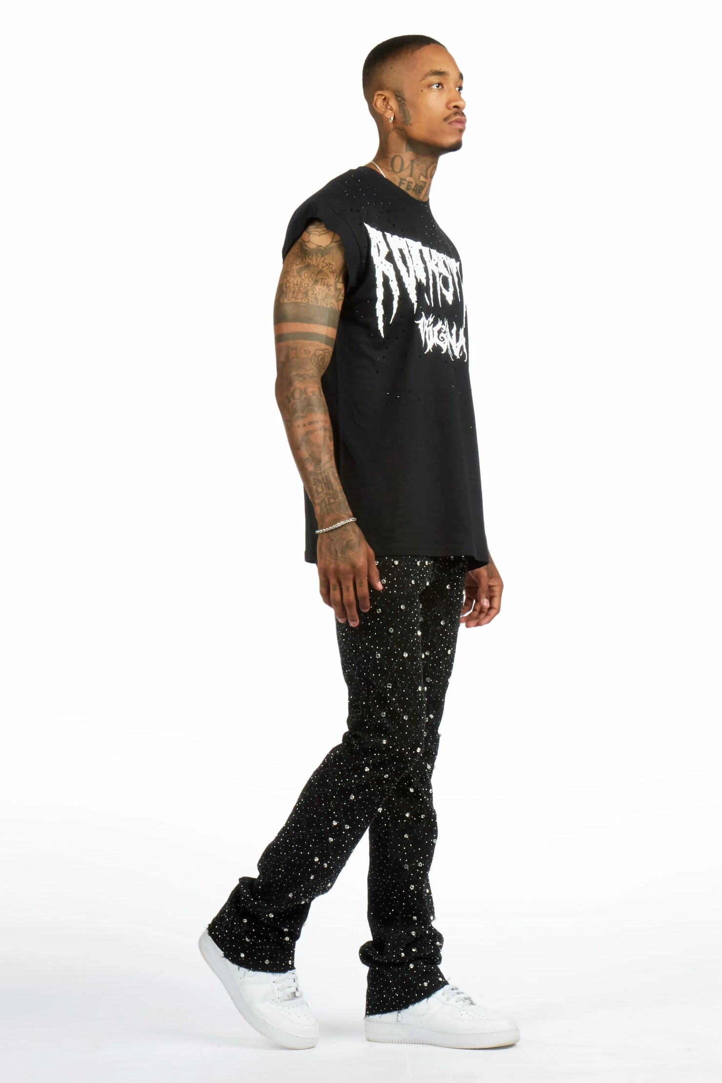 Andros 2.0 Black Rhinestone Oversized Graphic T-Shirt & Glit Rhinestone Stacked Flare Jean Set