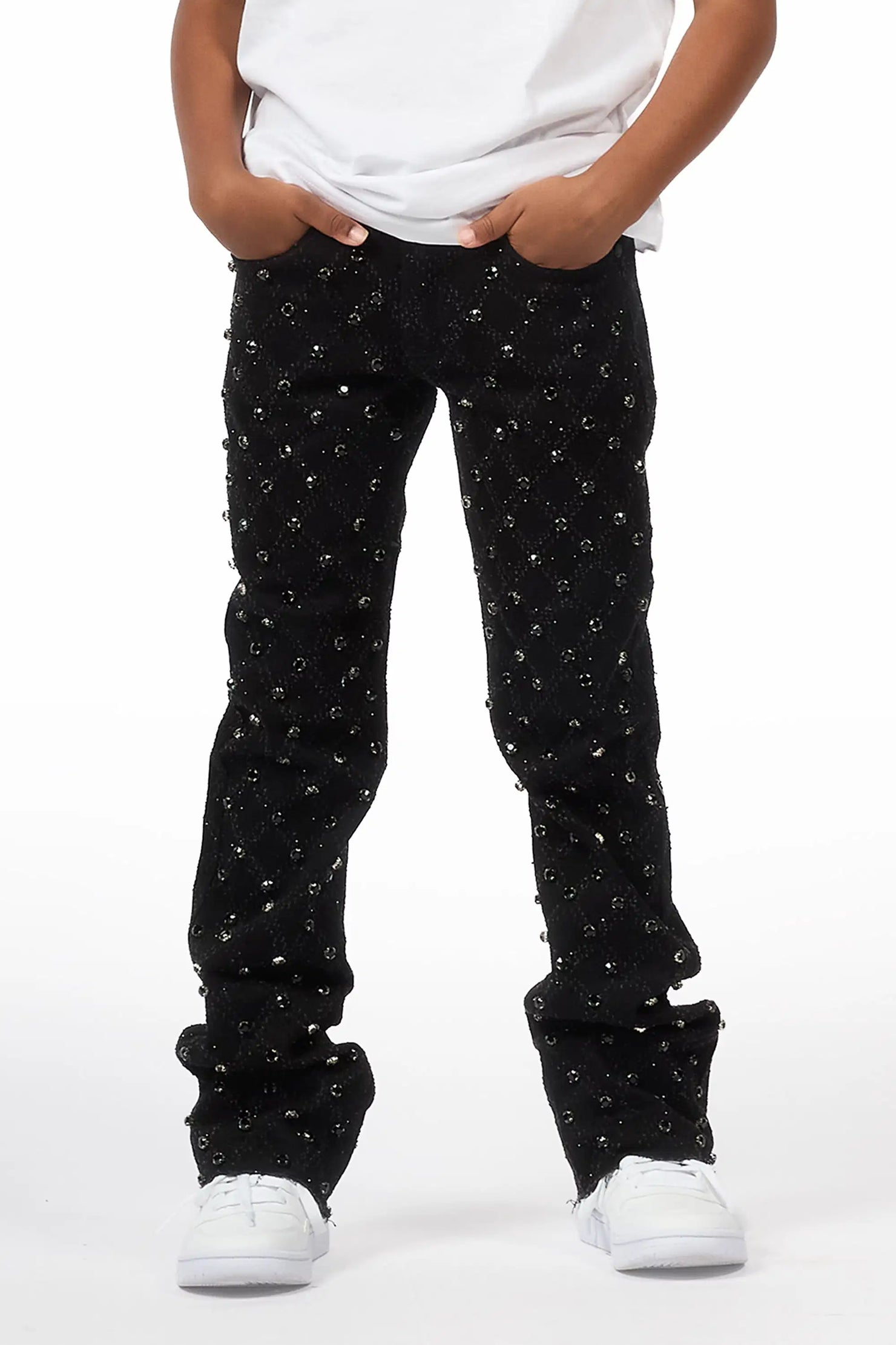 Boys Glit Black Rhinestone Stacked Flare Jean