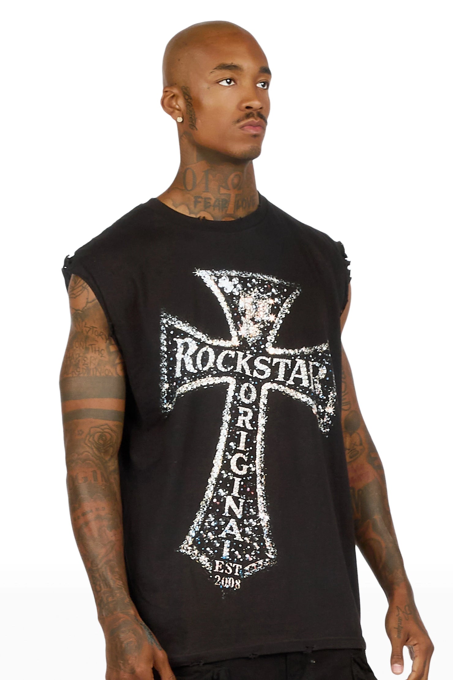 Chazen Black Oversized Cut Off T-Shirt