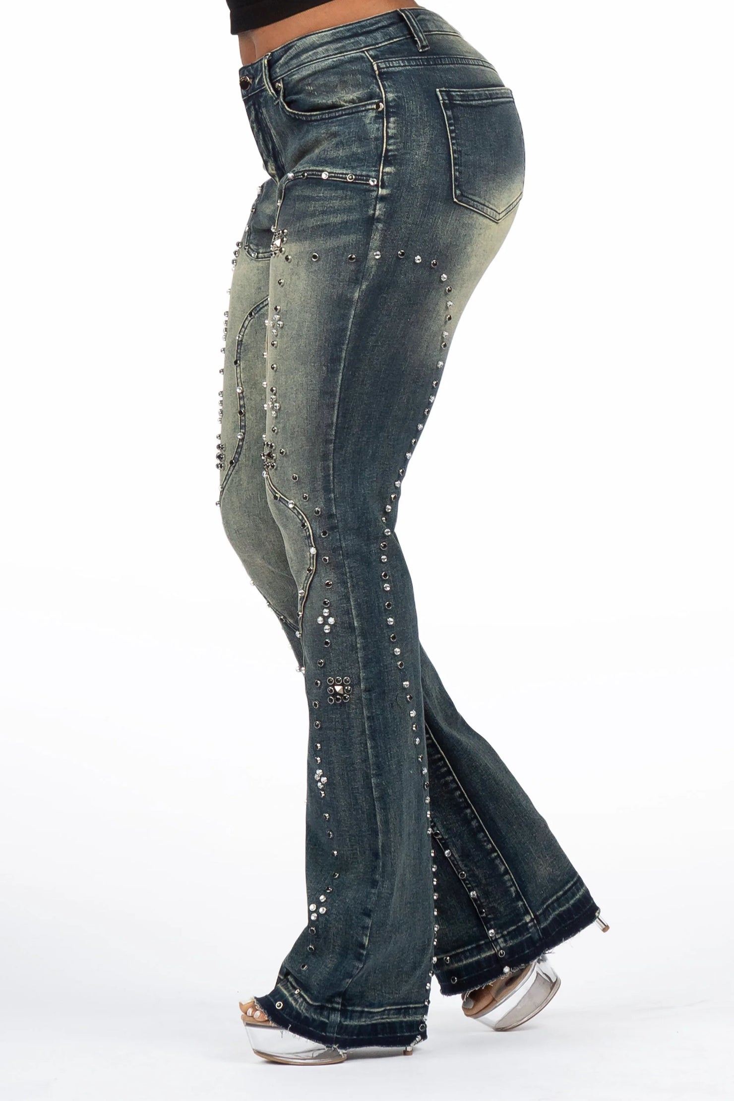 Inesia Tinted Wash Studded Stacked Flare Jean