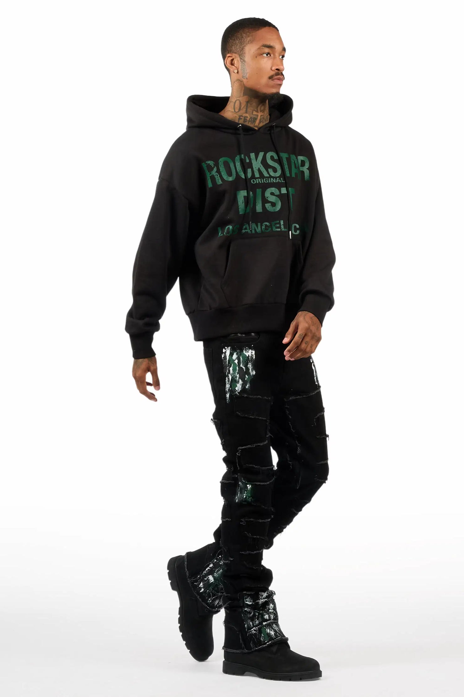 Saxon Black/Green Hoodie/Stacked Flare Jean Set