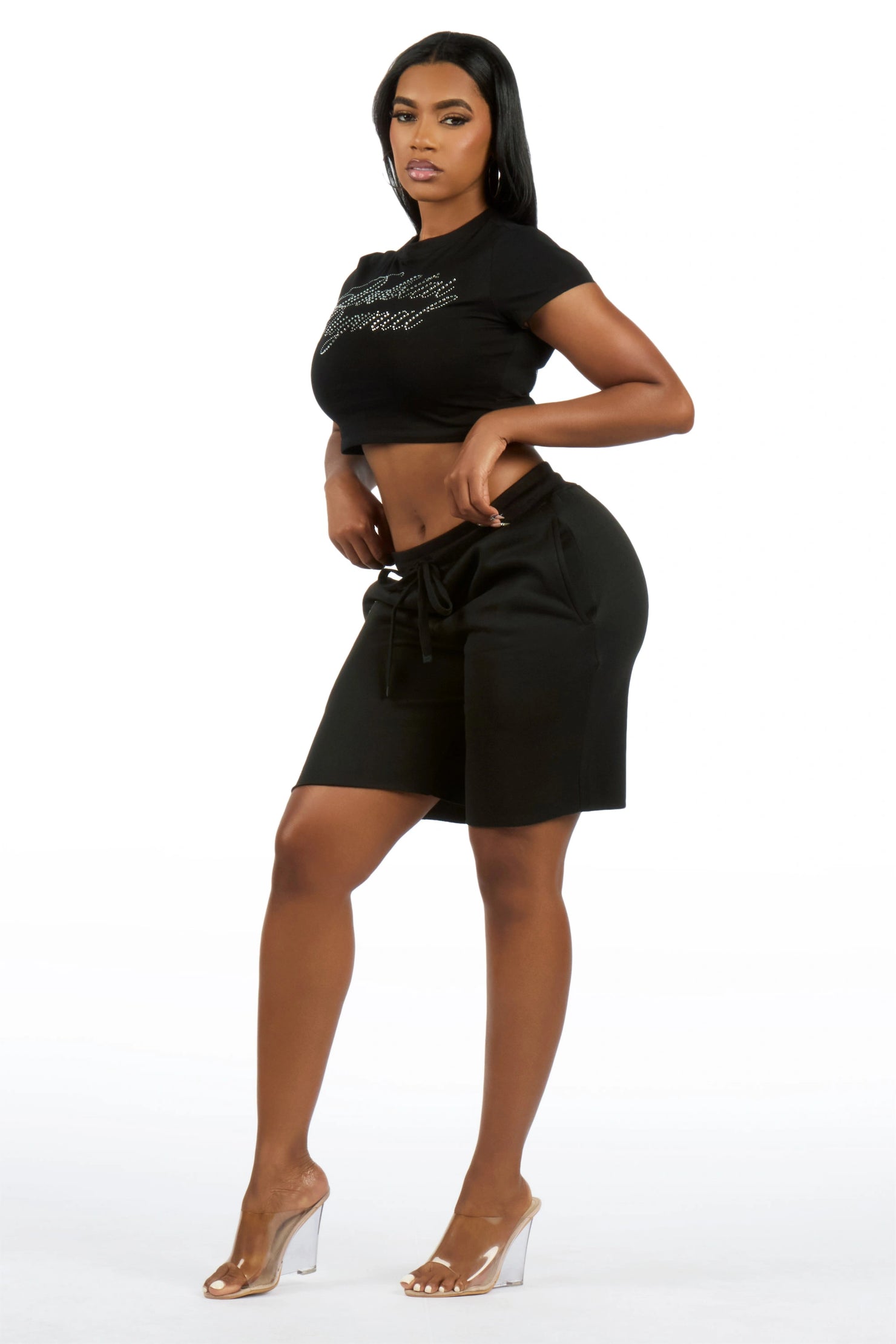 Taiesha Black Rhinestone T-Shirt Short Set