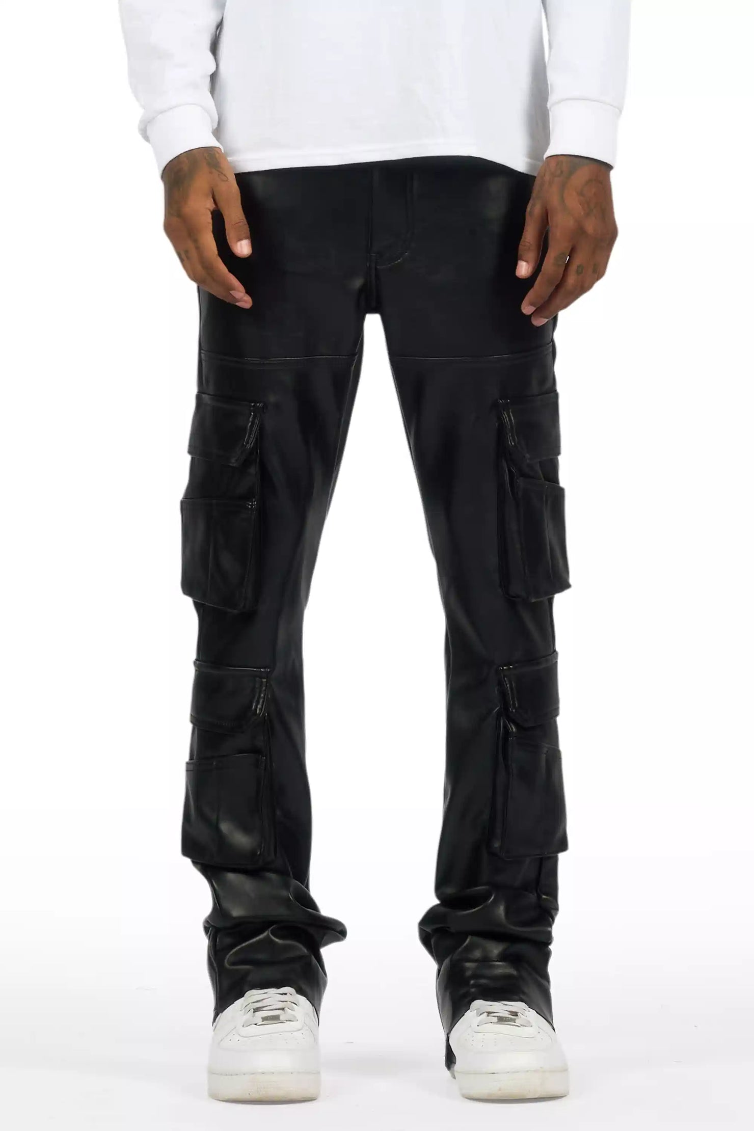 Keylor Black Stacked Flare PU Pants