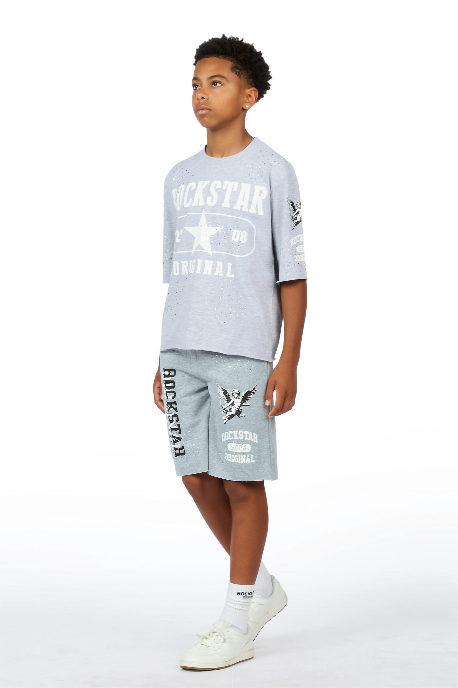 Boys Gutta Grey Rhinestone Boxy T-Shirt/Short Set