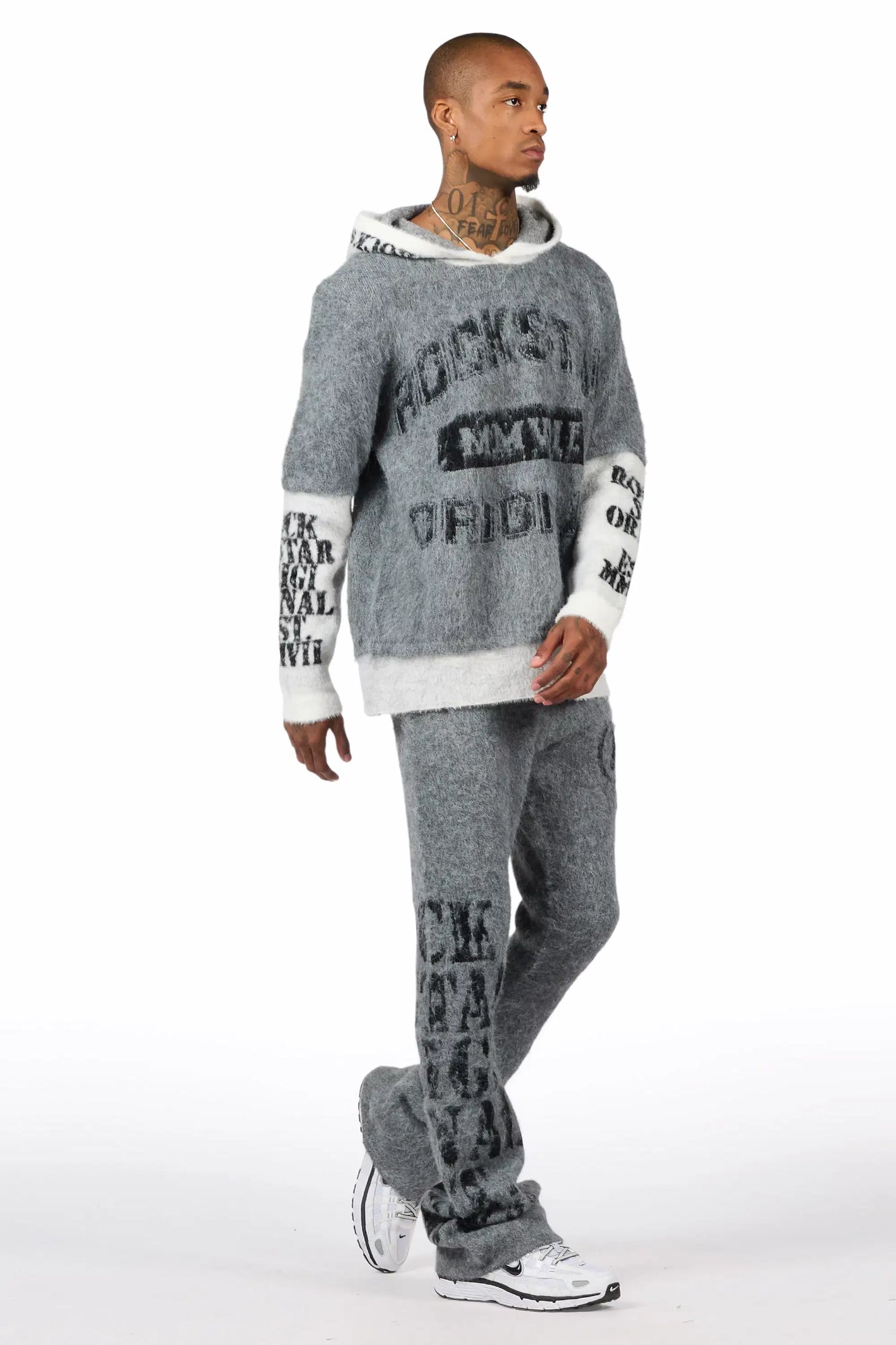 Steri Grey Mohair Hoodie Stacked Flare Track Set