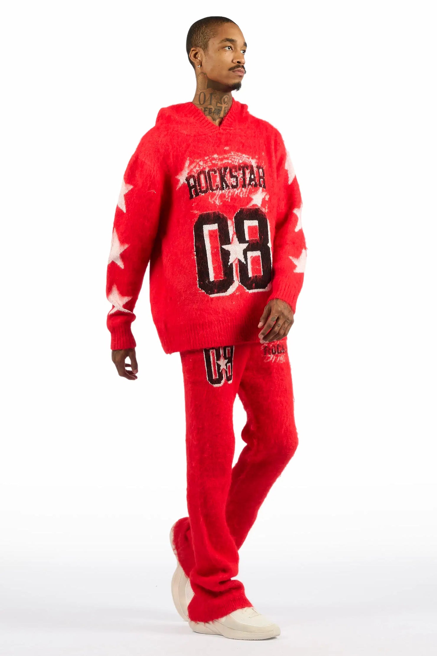 Allstar Red Hoodie Stacked Flare Knitted Mohair Track Set