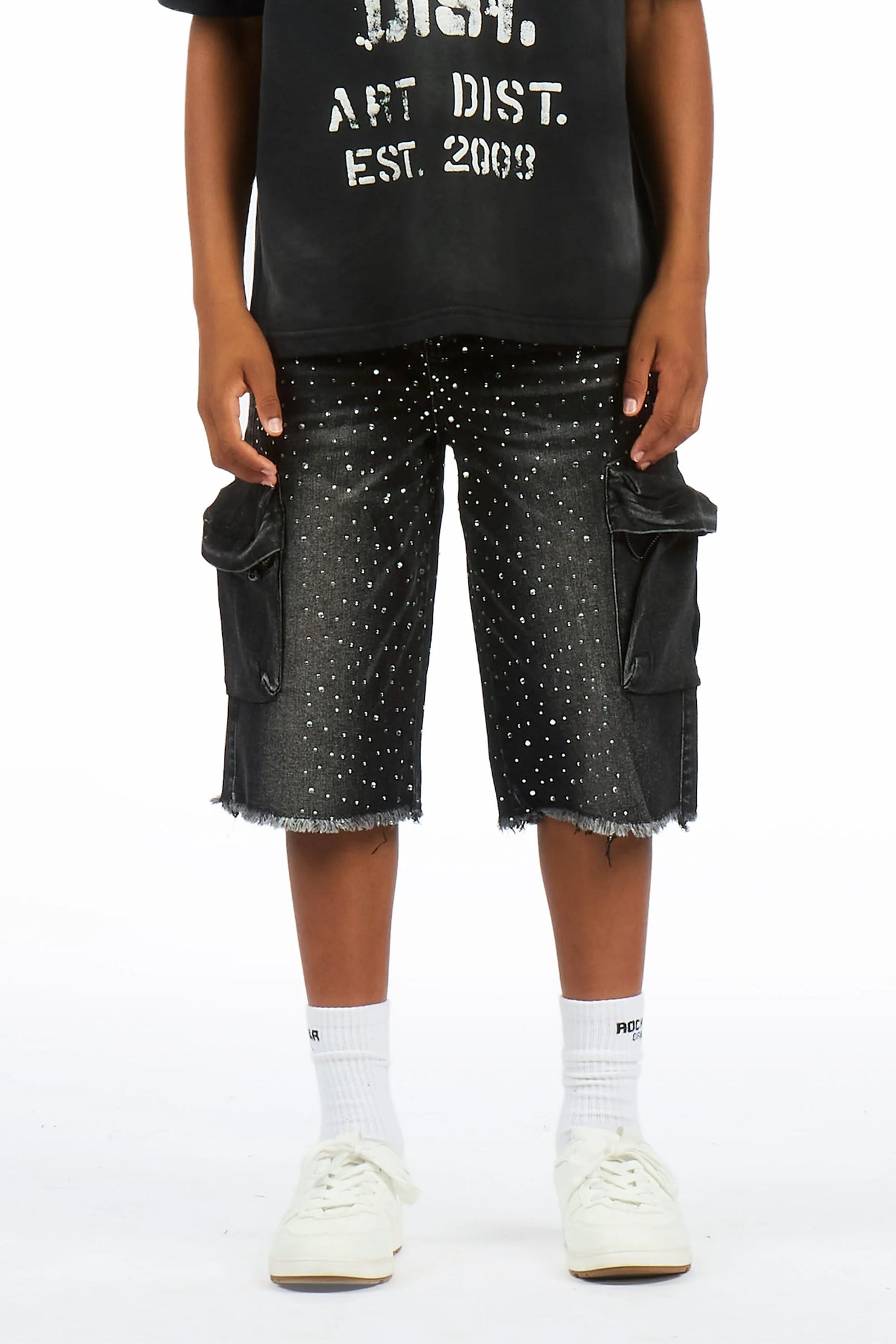 Boys Grand Black Wash Rhinestone Jort