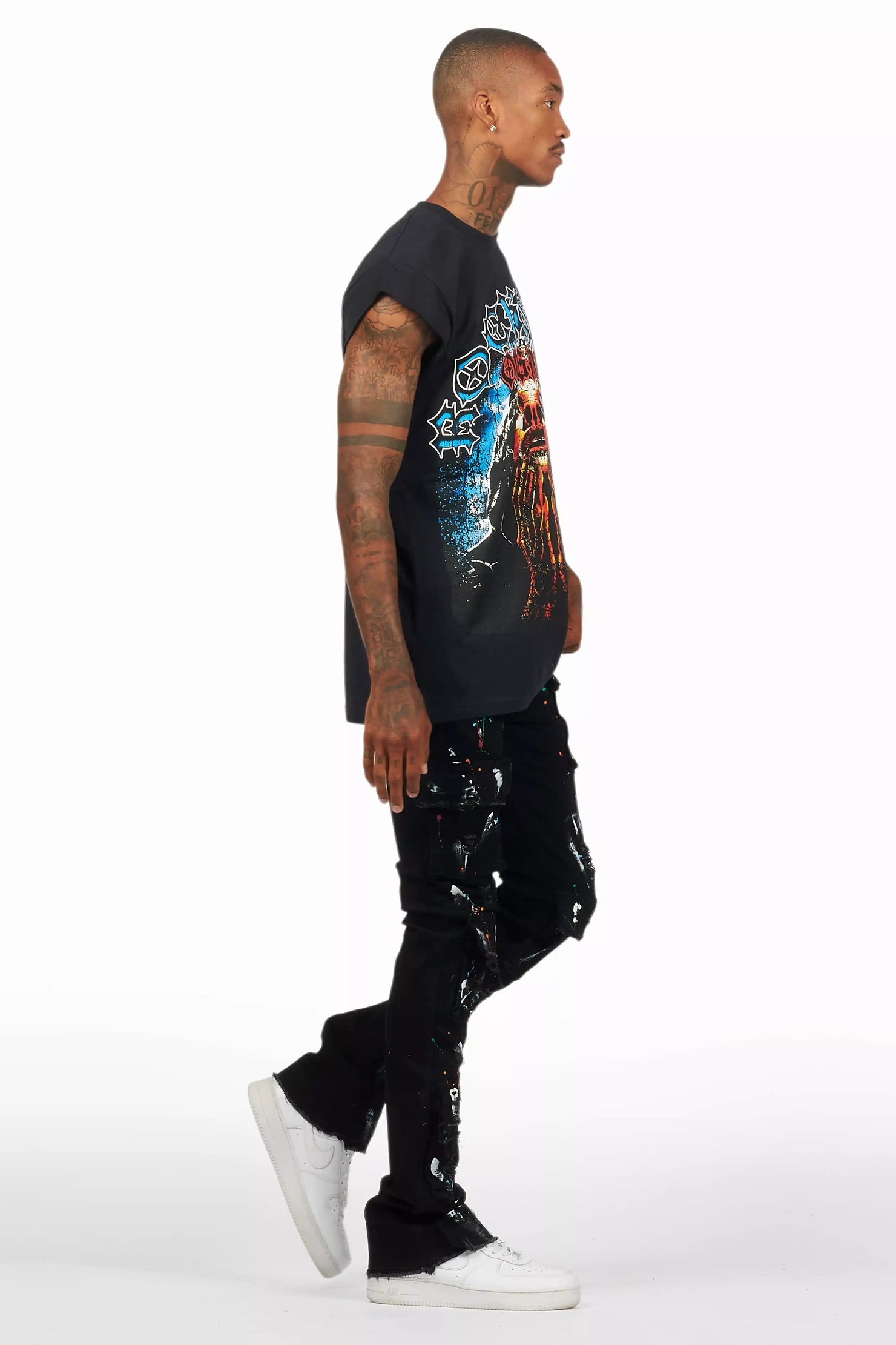 Orien Jet Black Painter Stacked Flare Jean