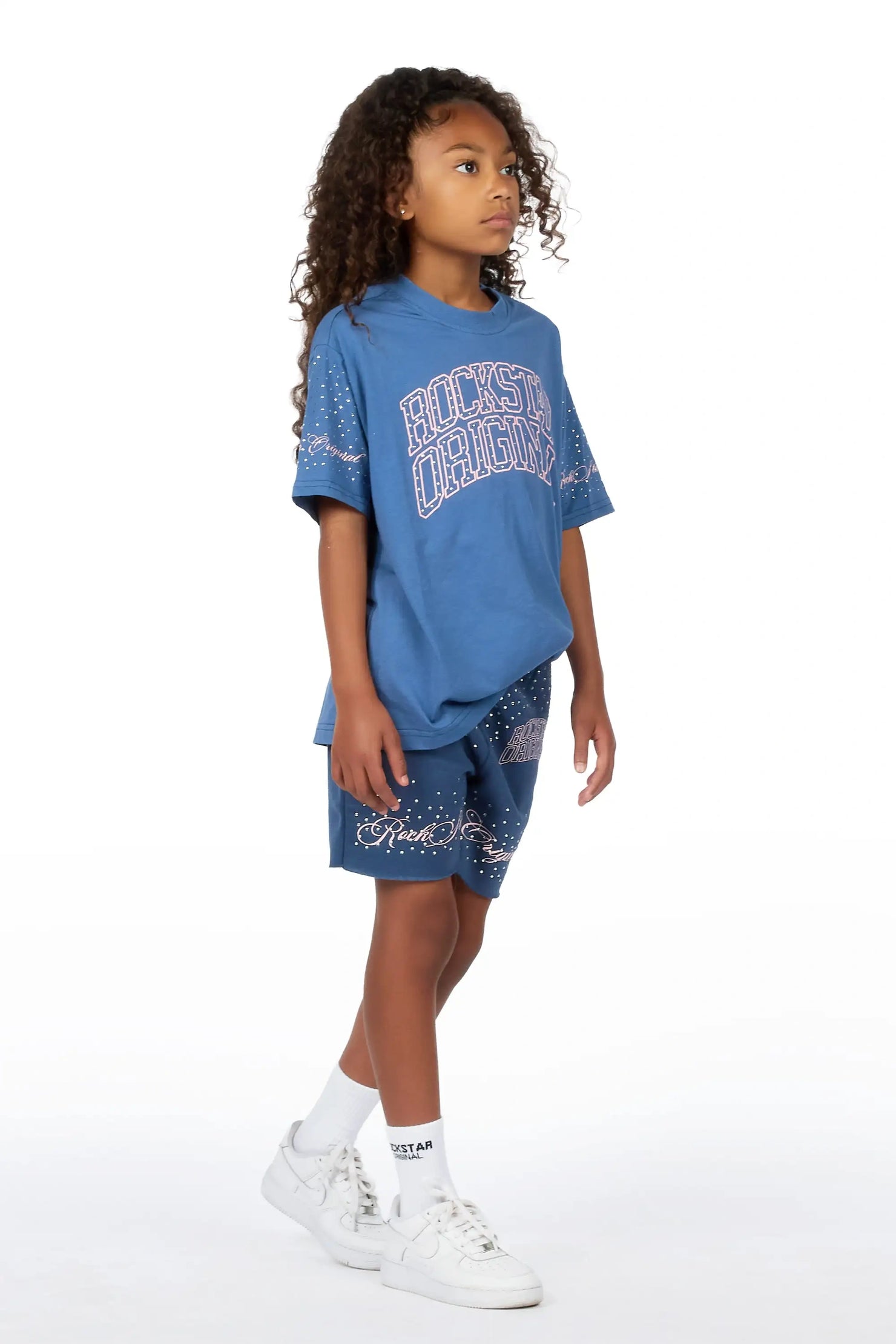 Girls Lakisha Navy Rhinestone Oversized T-Shirt Short Set
