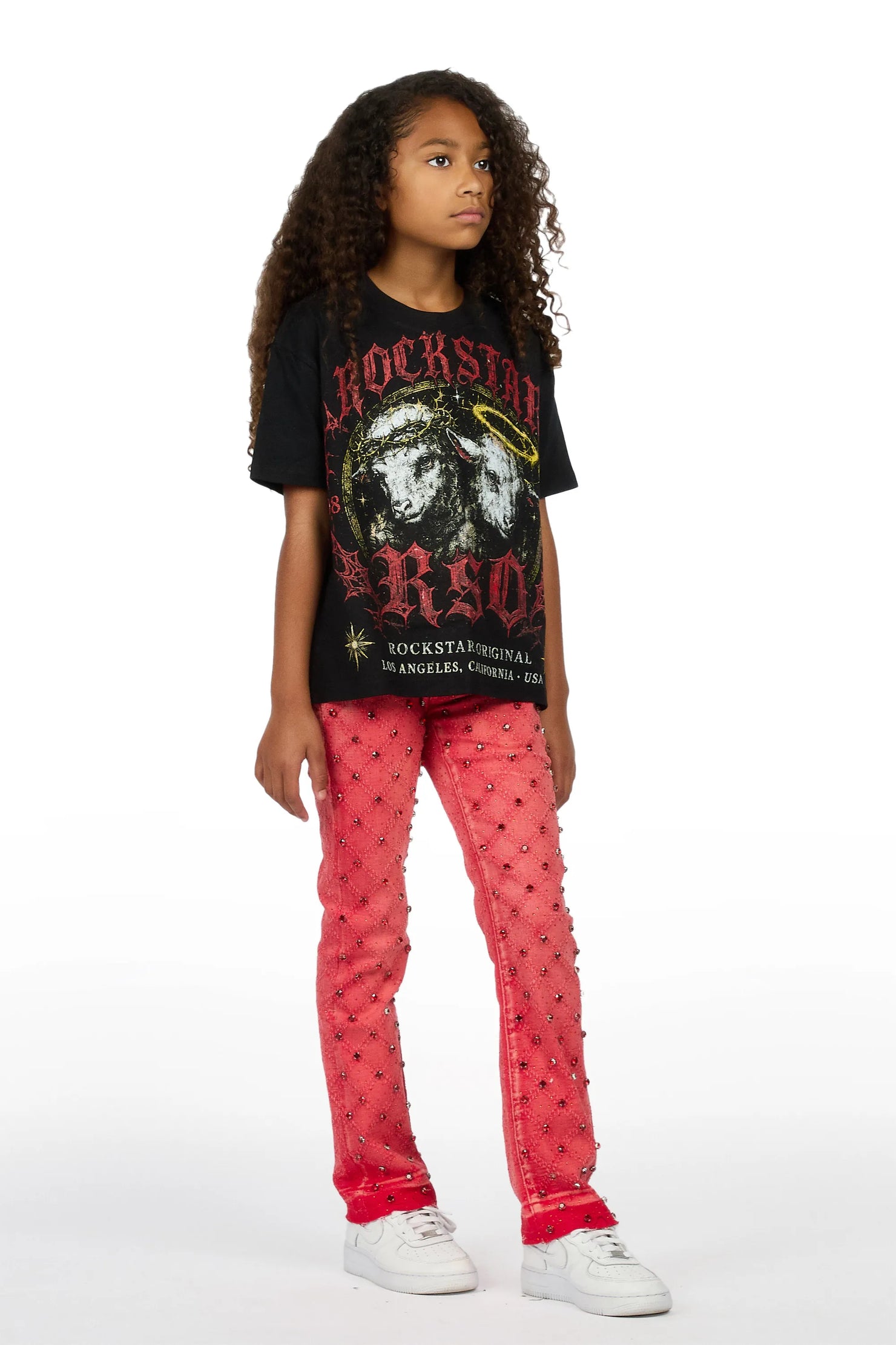 Girls Dezz Black/Red T-Shirt Rhinestone Jean Set