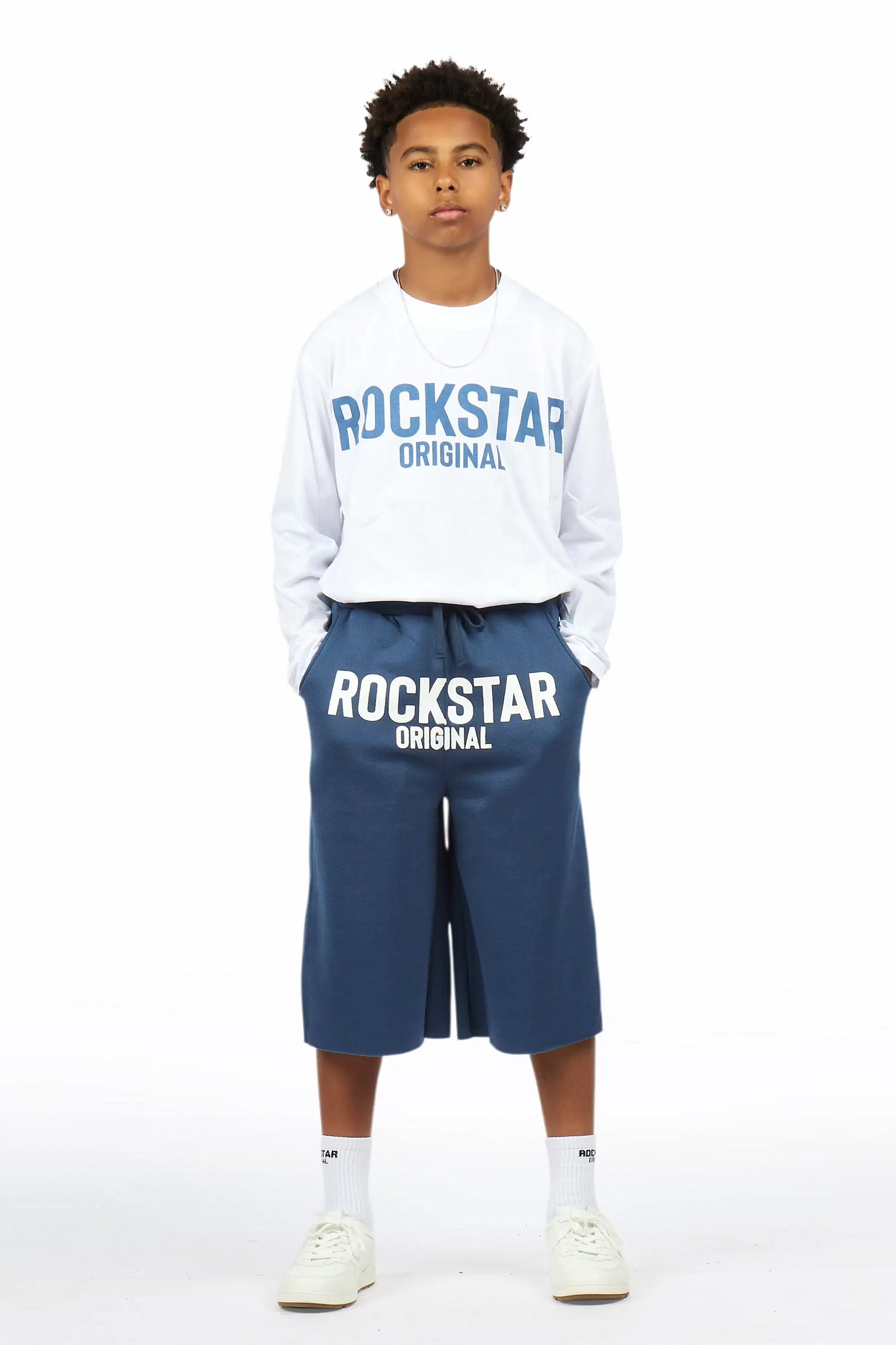 Boys Mikasso White/Navy L/S T-Shirt Jort Set