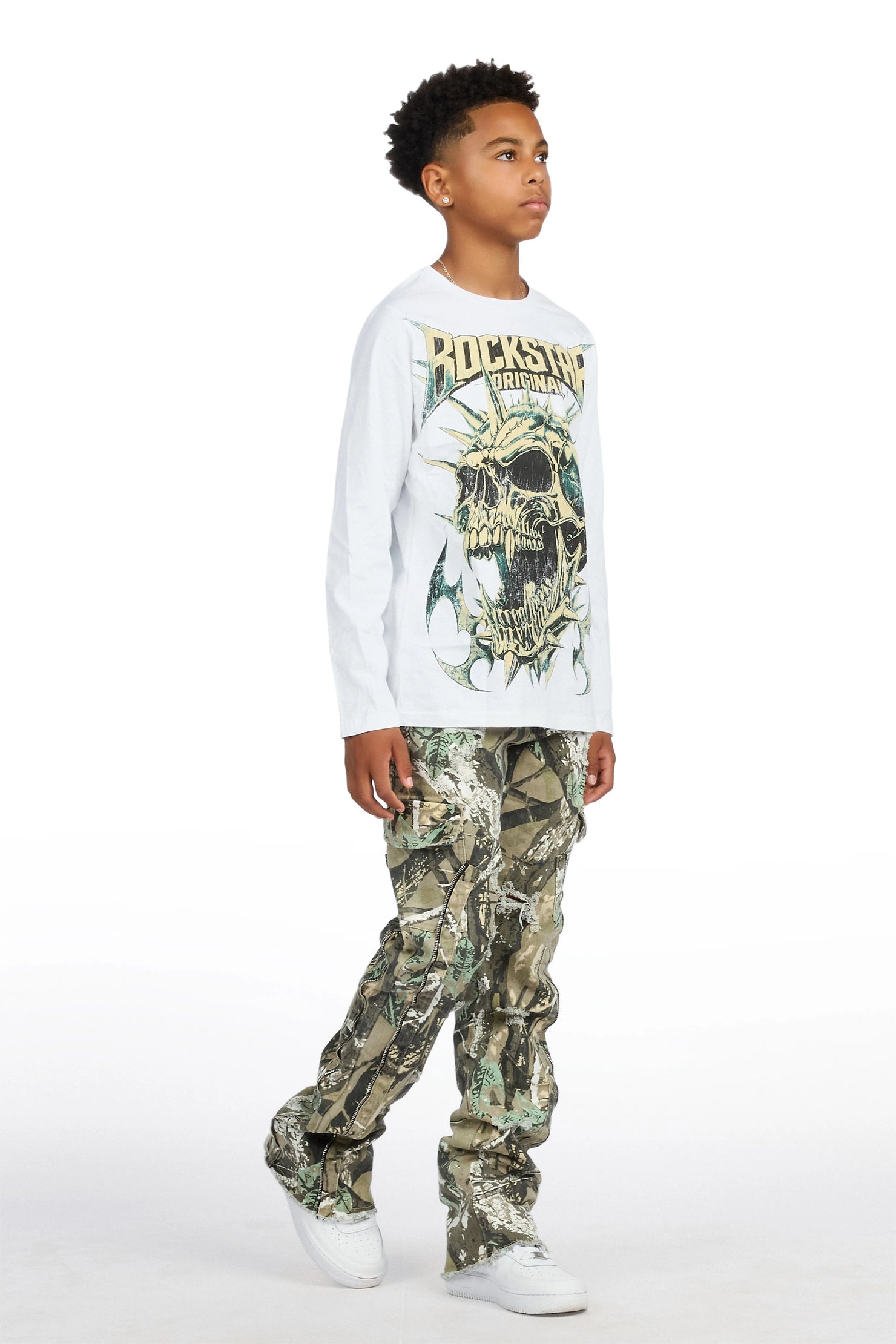 Boys Boos White/Tree Camo Long Sleeve T-shirt Stacked Jean Set