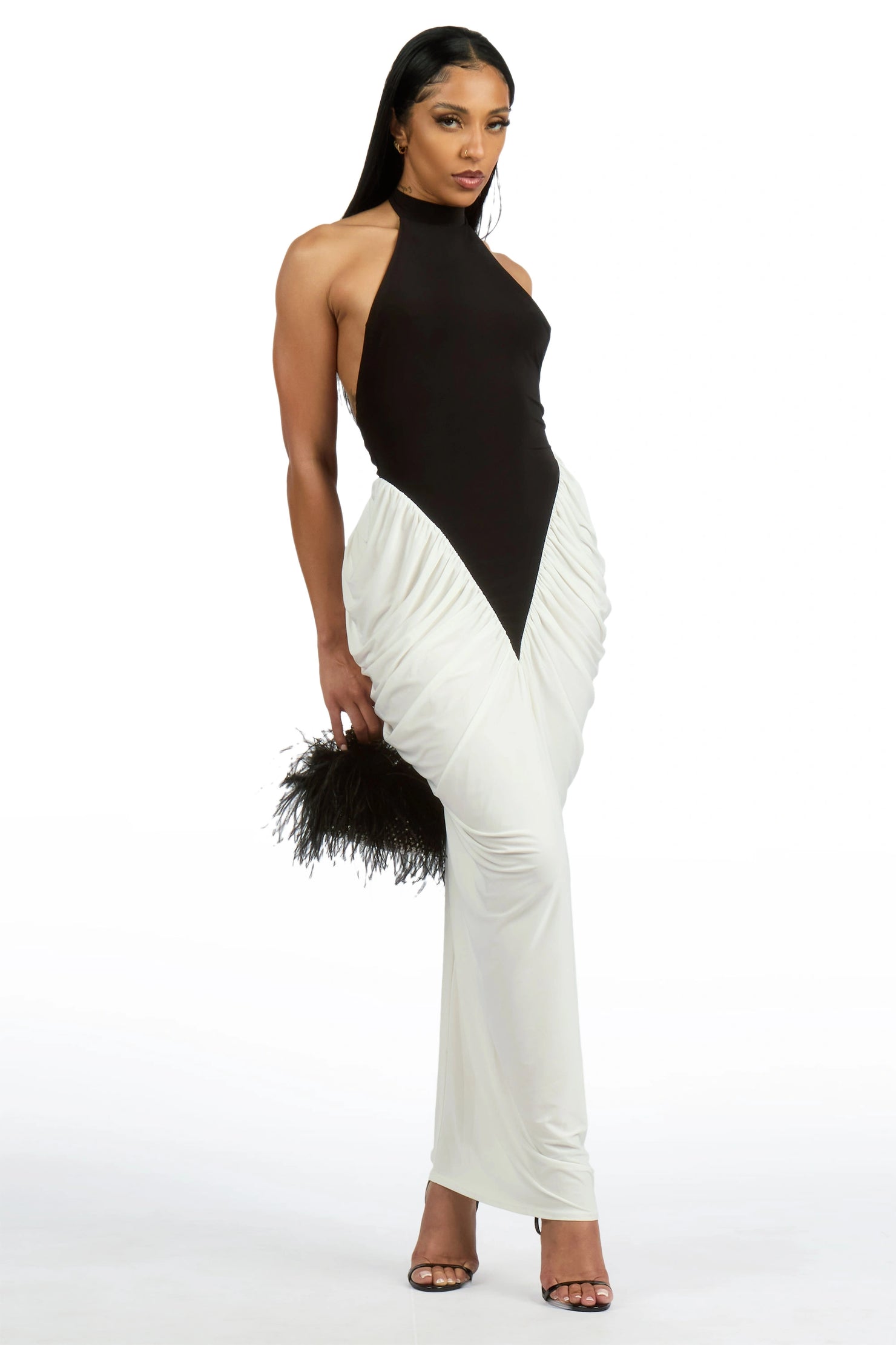 Two-Toned Black/White Rouche Midi Dress