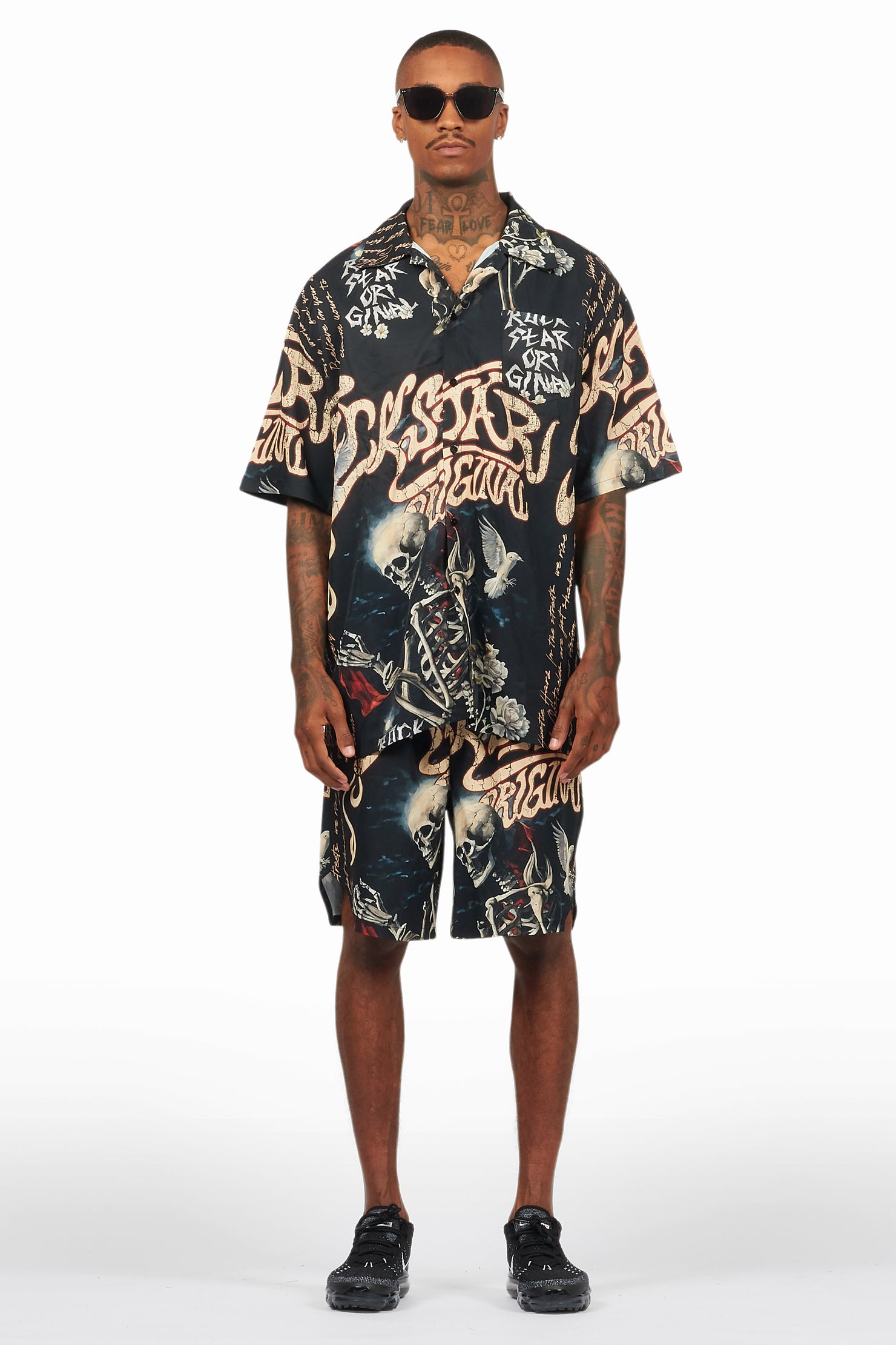 Clout Black Button Down Short Set