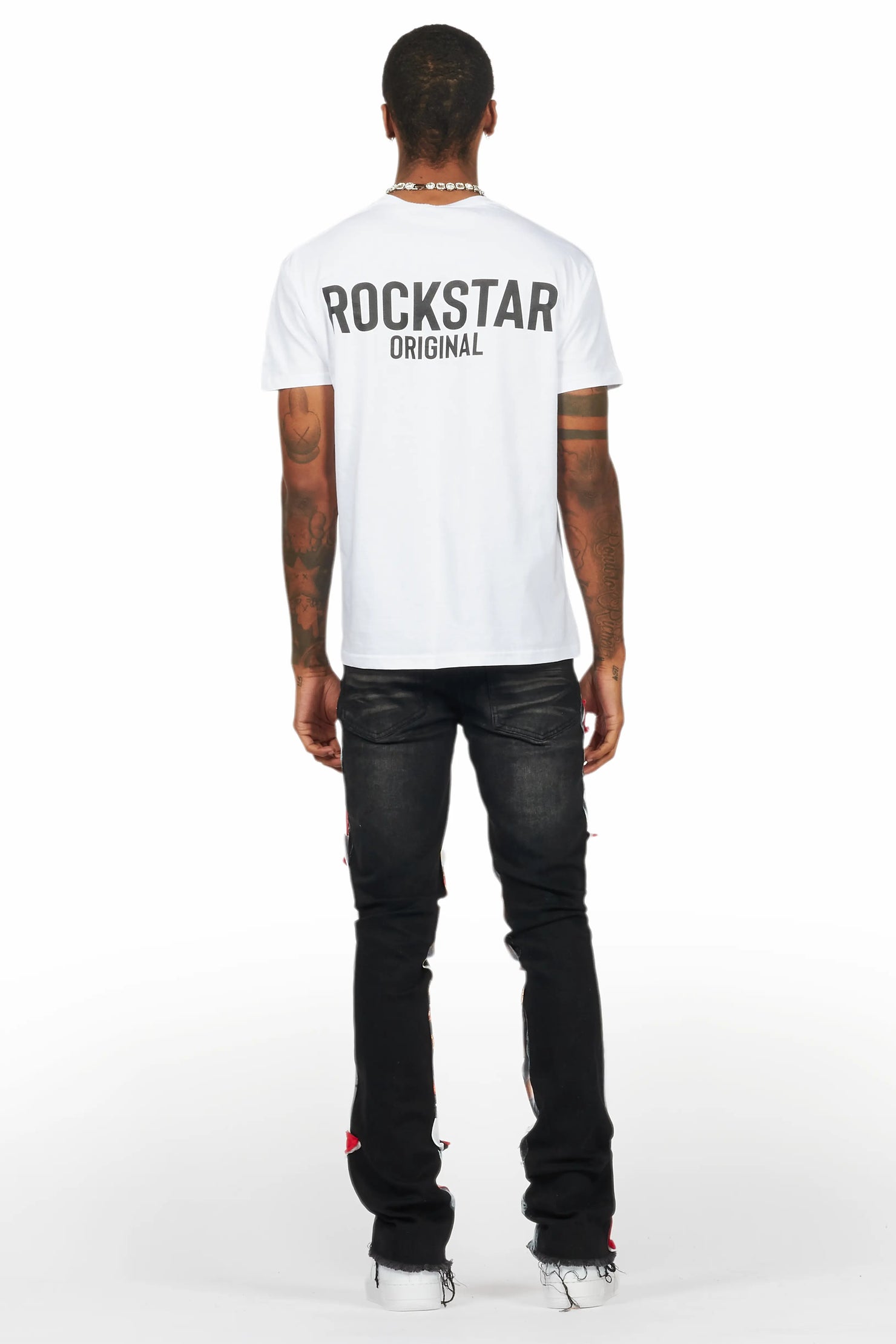 Savier Black/White Roller Paint Stacked Flare Jean