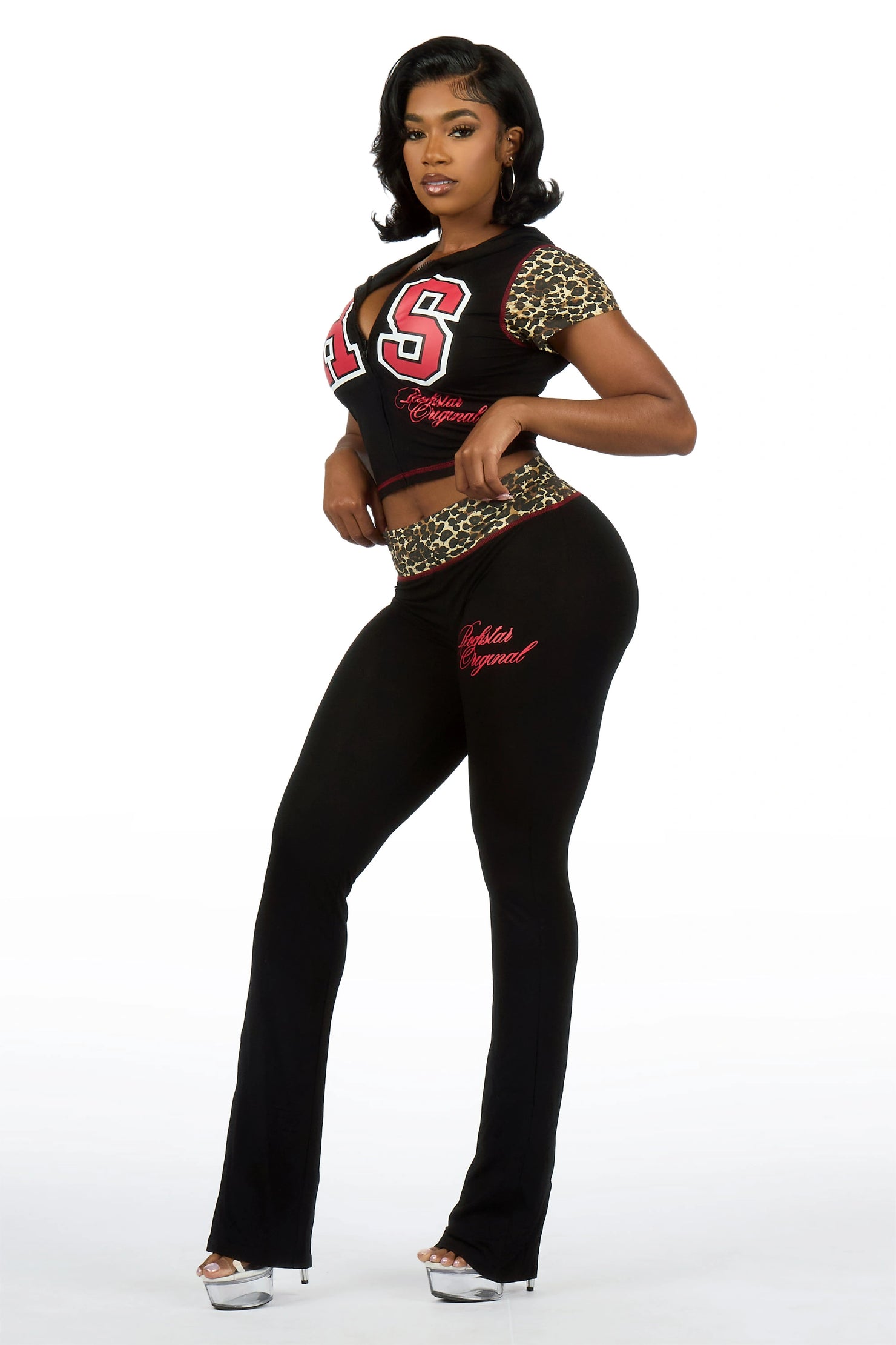 Kateya Black/Cheetah Short Sleeve Zip Up Track Set