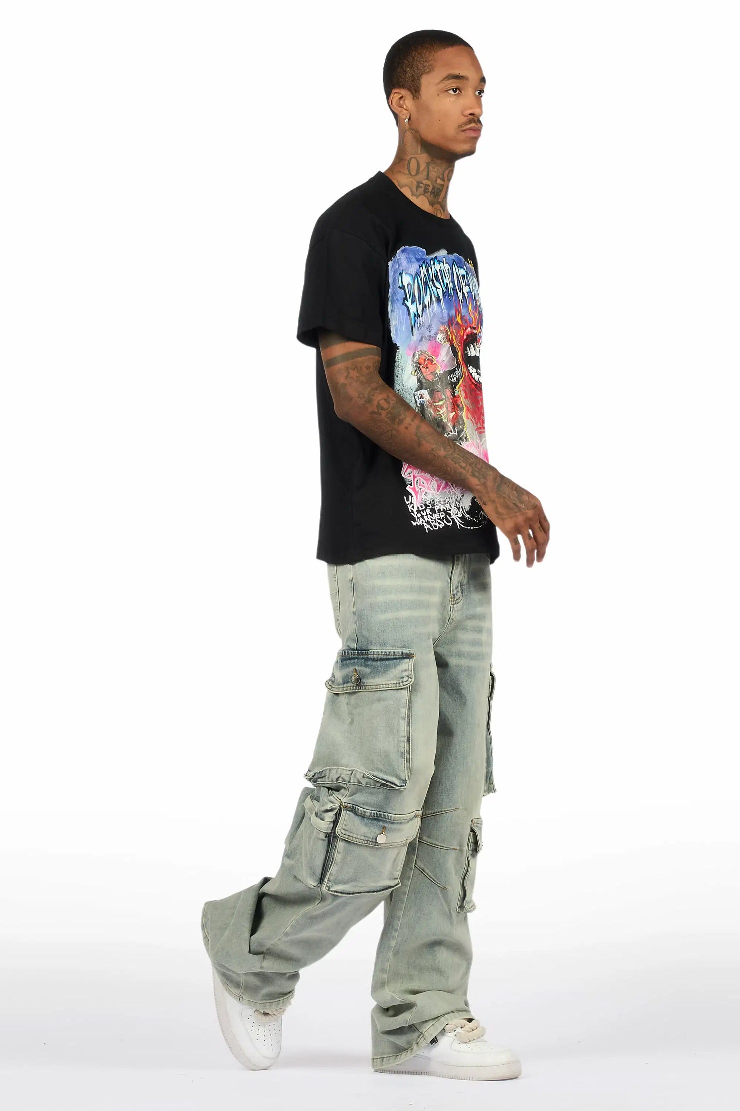 Yooz Black Oversized Graphic T-Shirt/Baggy Jean Bundle