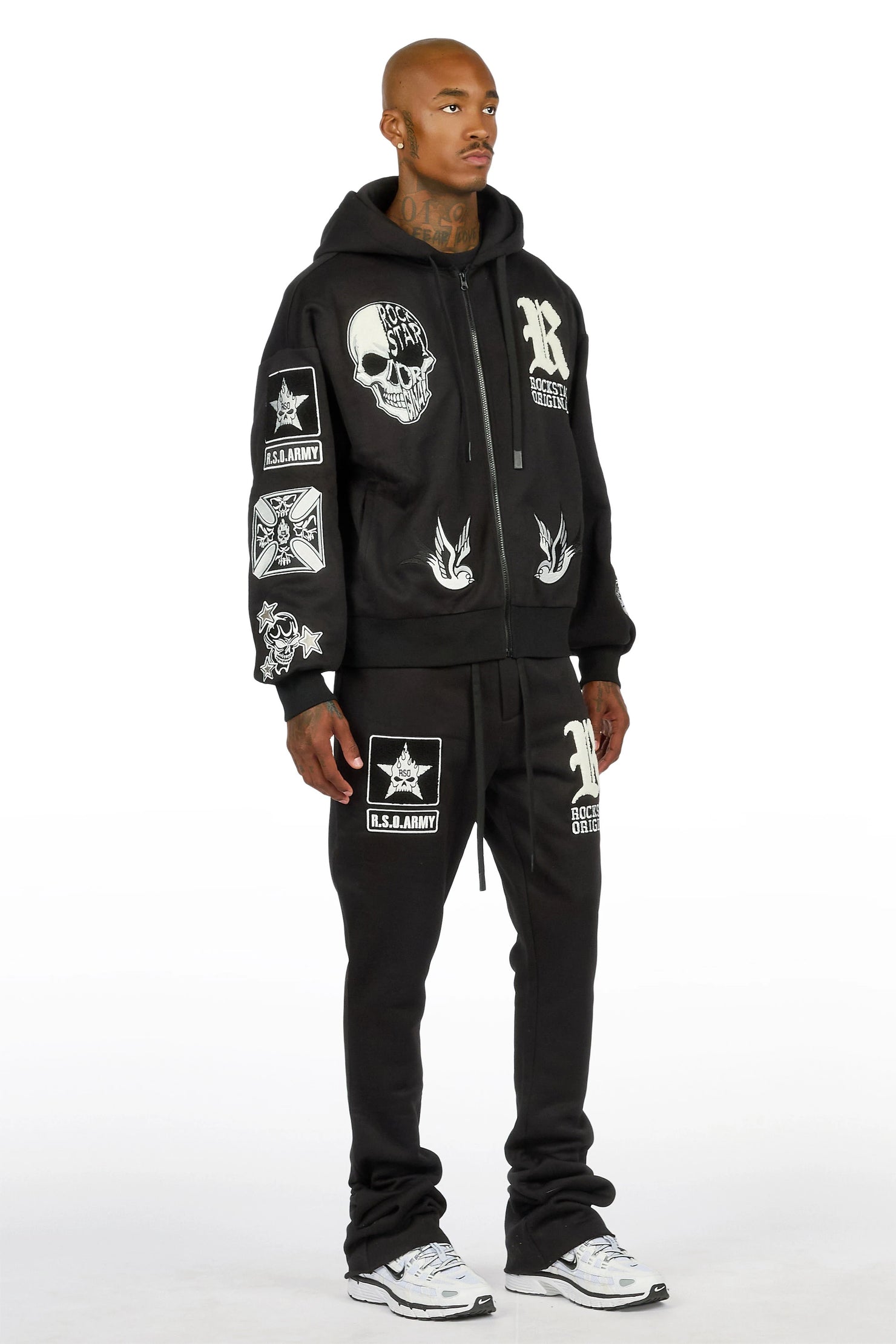 Vidar Black Zip Up Hoodie Stacked Track Set