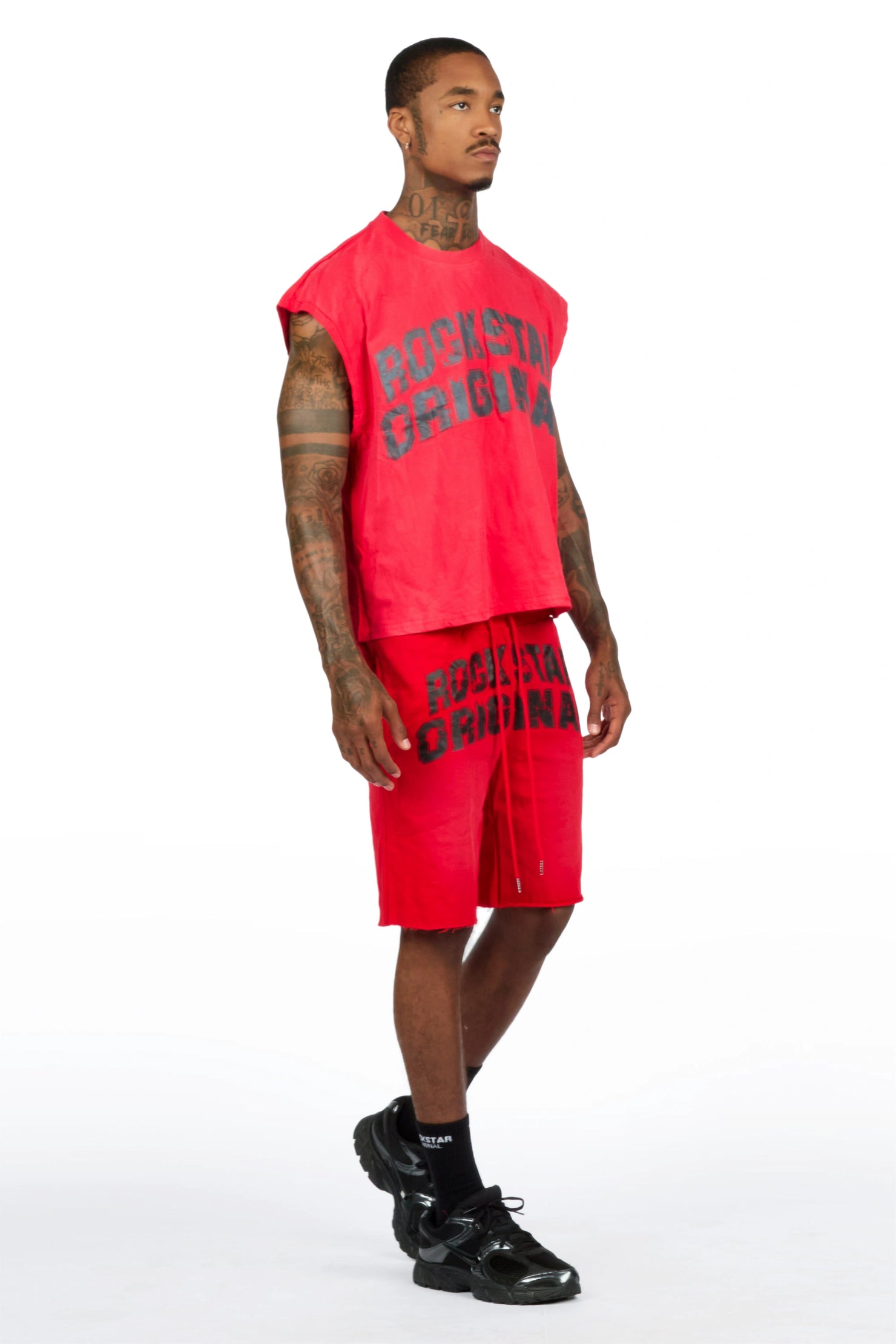 Tumo Red Cut Sleeve Crop Boxy Tee Short Set