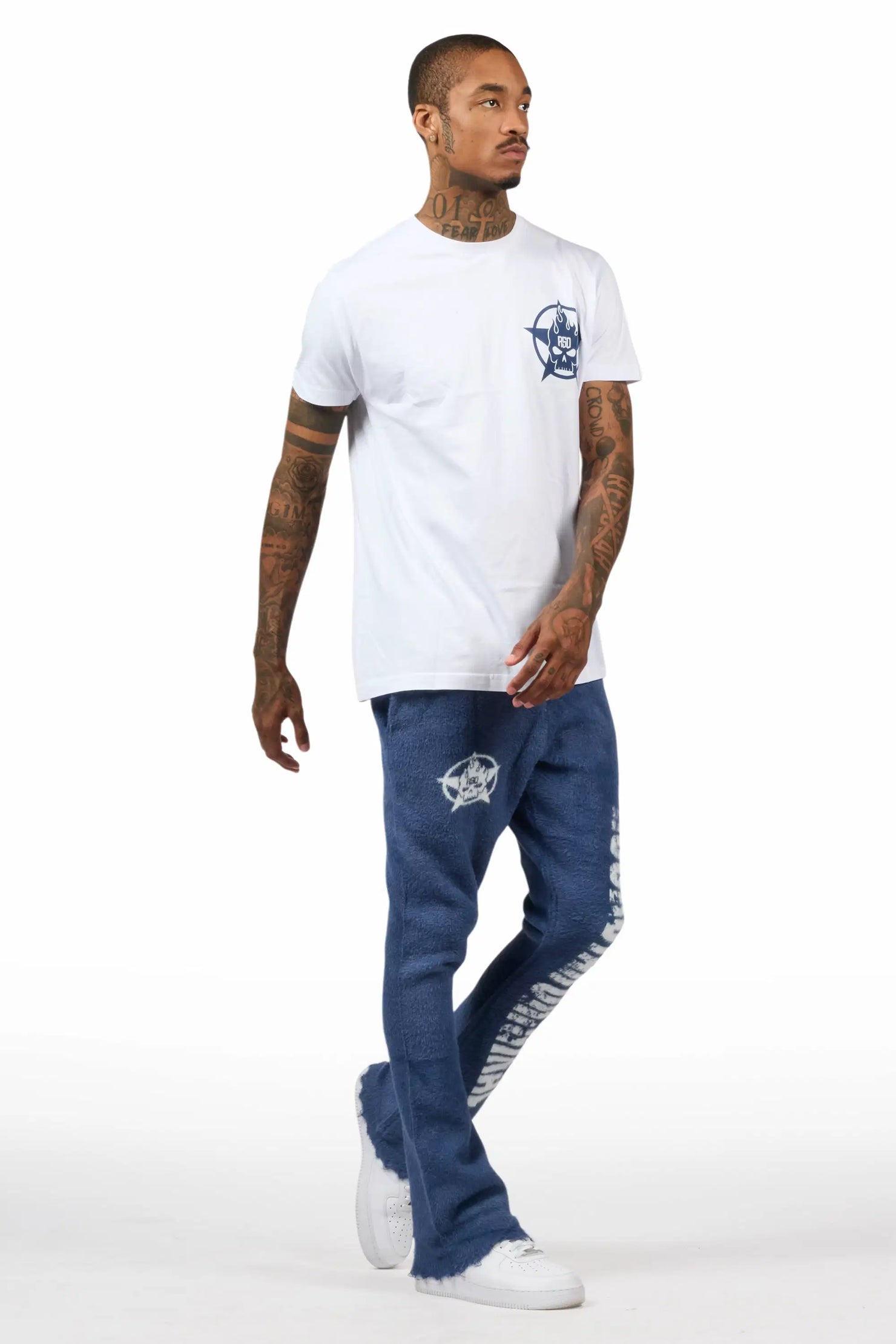 Keve White/Navy T-Shirt/Knitted Mohair Flare Pant Set