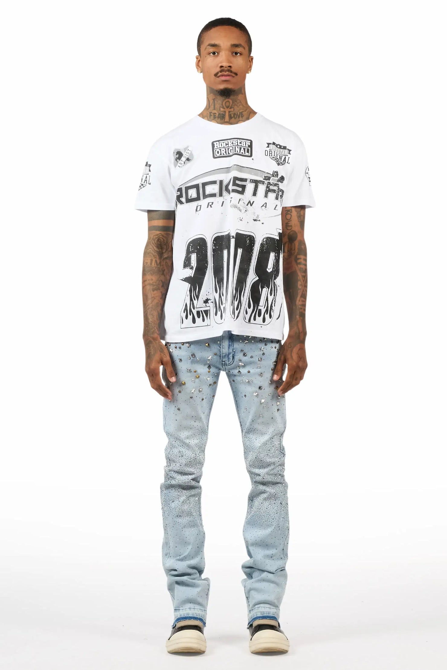 Onyx Light Blue Studded Stacked Flare Jean