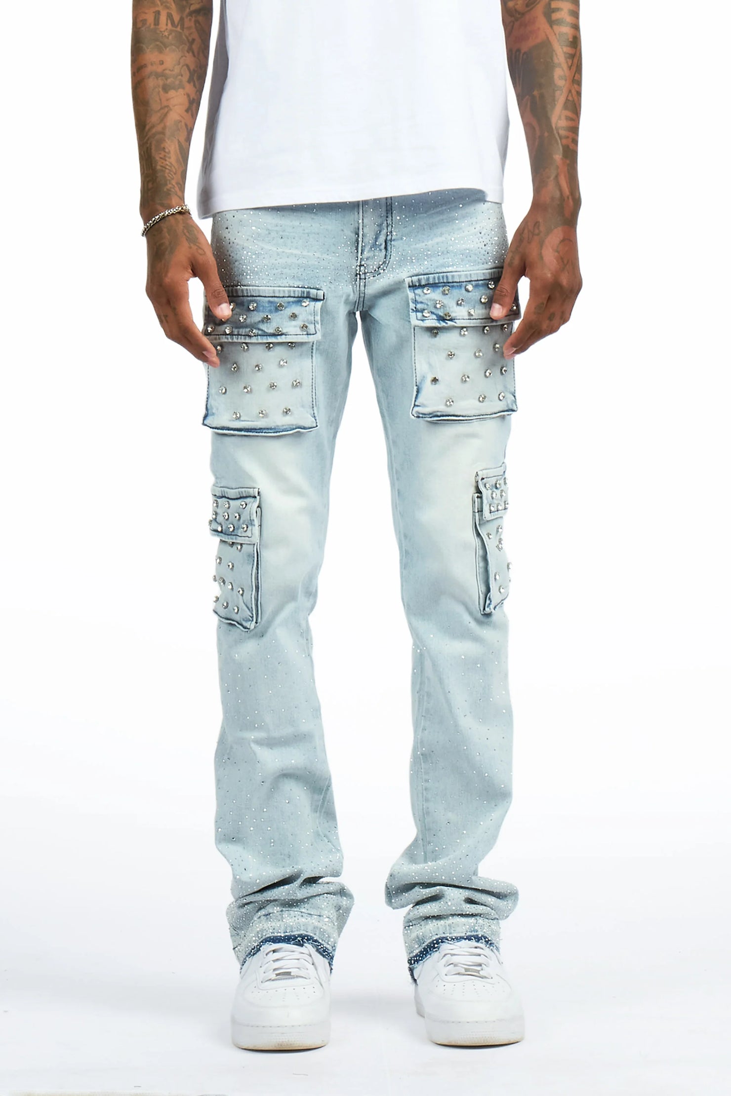 Arman Light Blue Rhinestone Stacked Fit Jean