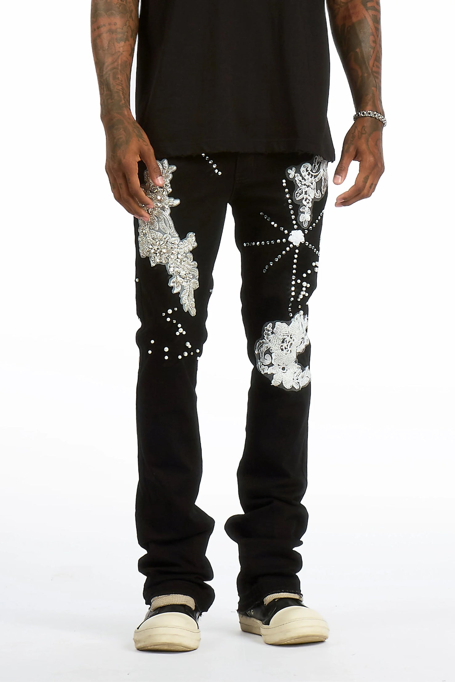 Yezen Black Rhinestone Stacked Fit Jean