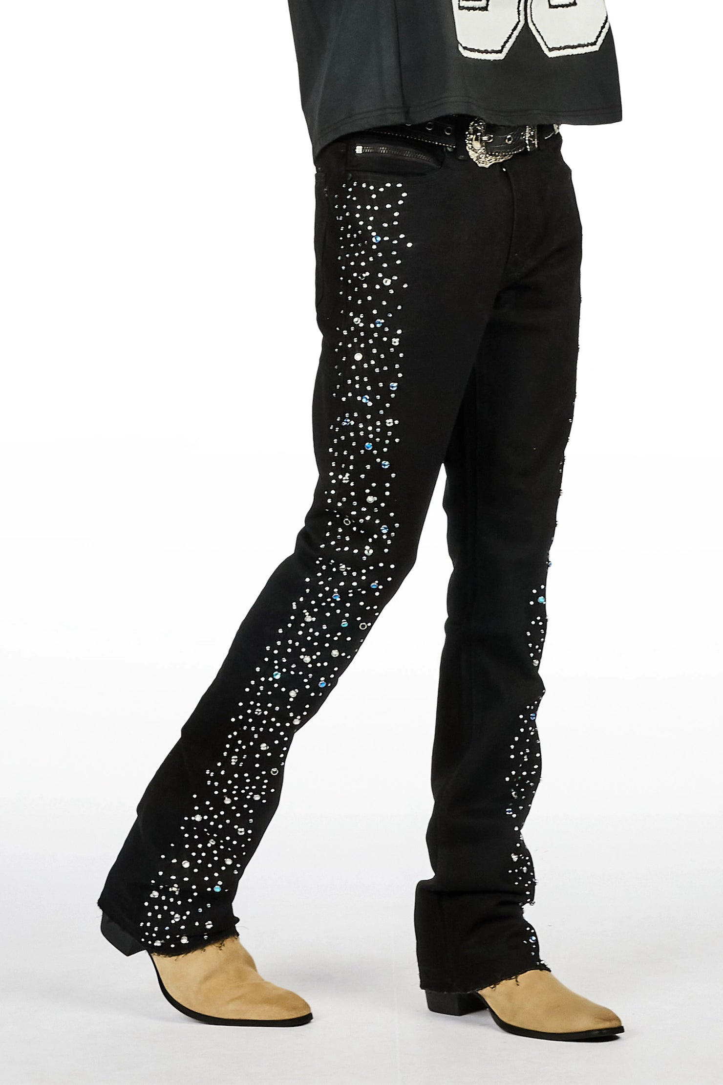 Monty Jet Black Rhinestone Studded Stacked Flare Jean