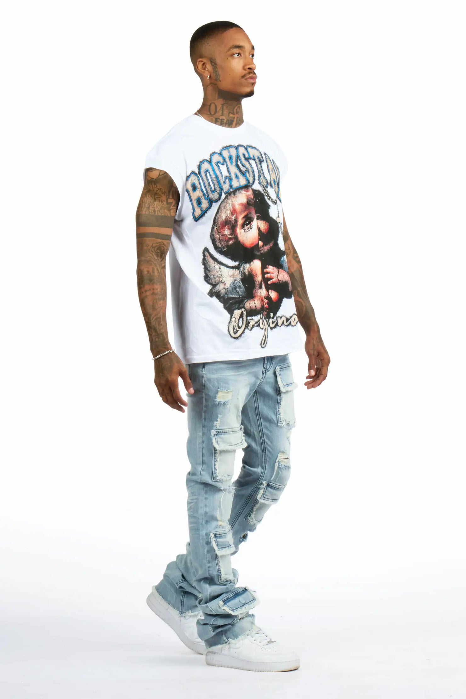 Deiter 2.0 White Oversized Graphic T-Shirt & Pooja Blue Super Stacked Flare Jean Set