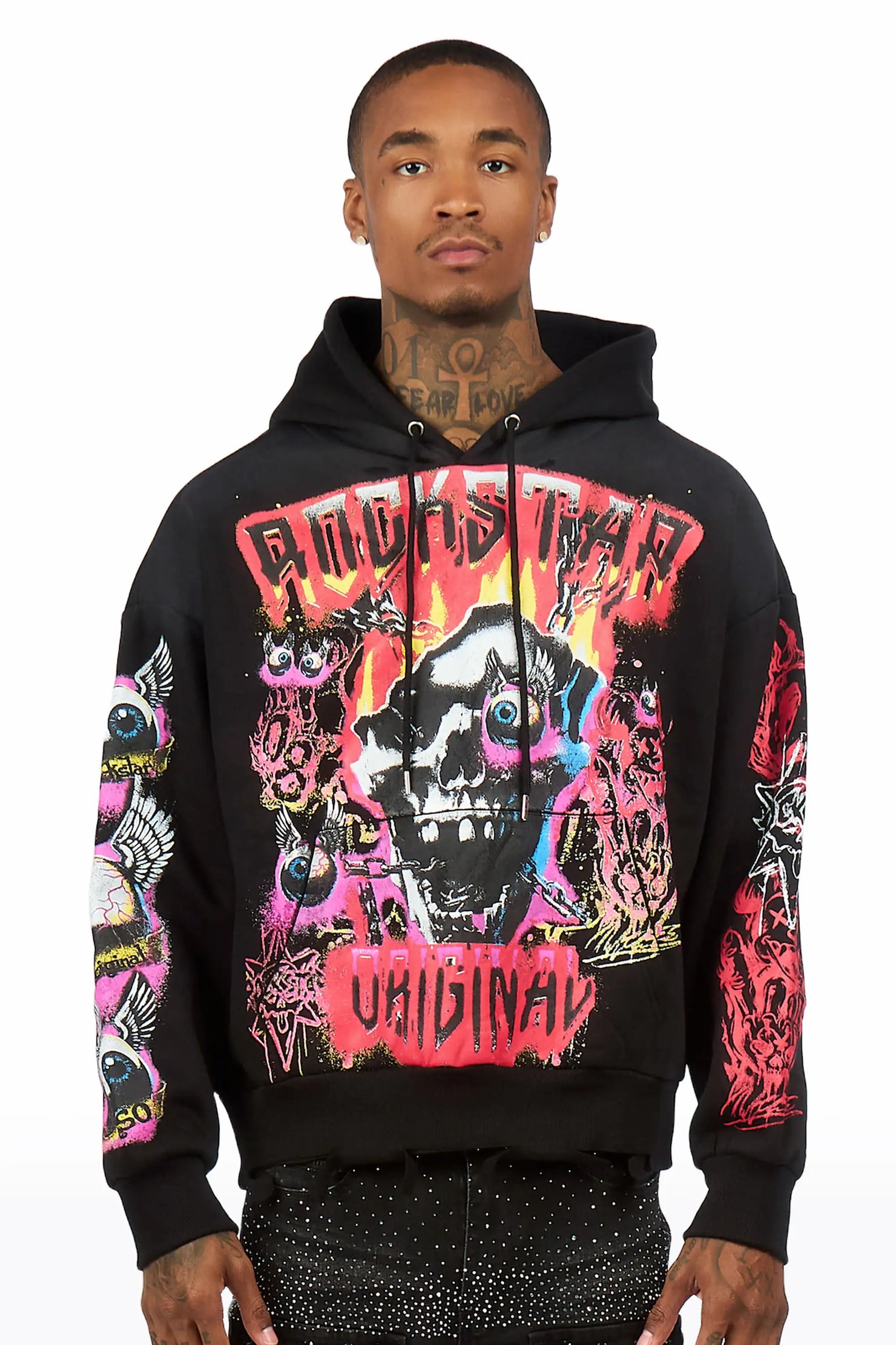 Styxx Black Distressed Graphic Relaxed Hoodie