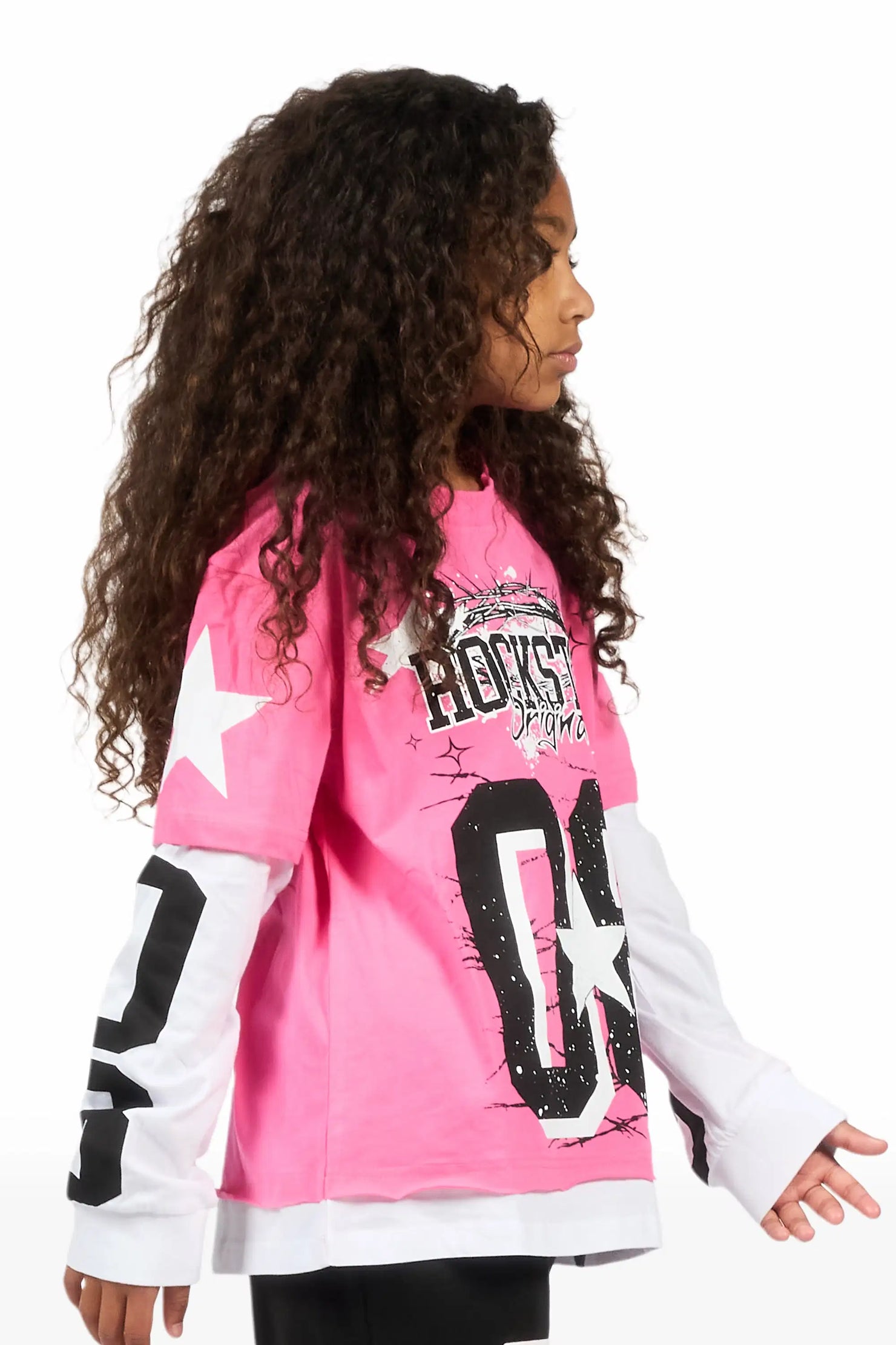 Girls Allstar Pink/Black Double Layer L/S Graphic T-Shirt