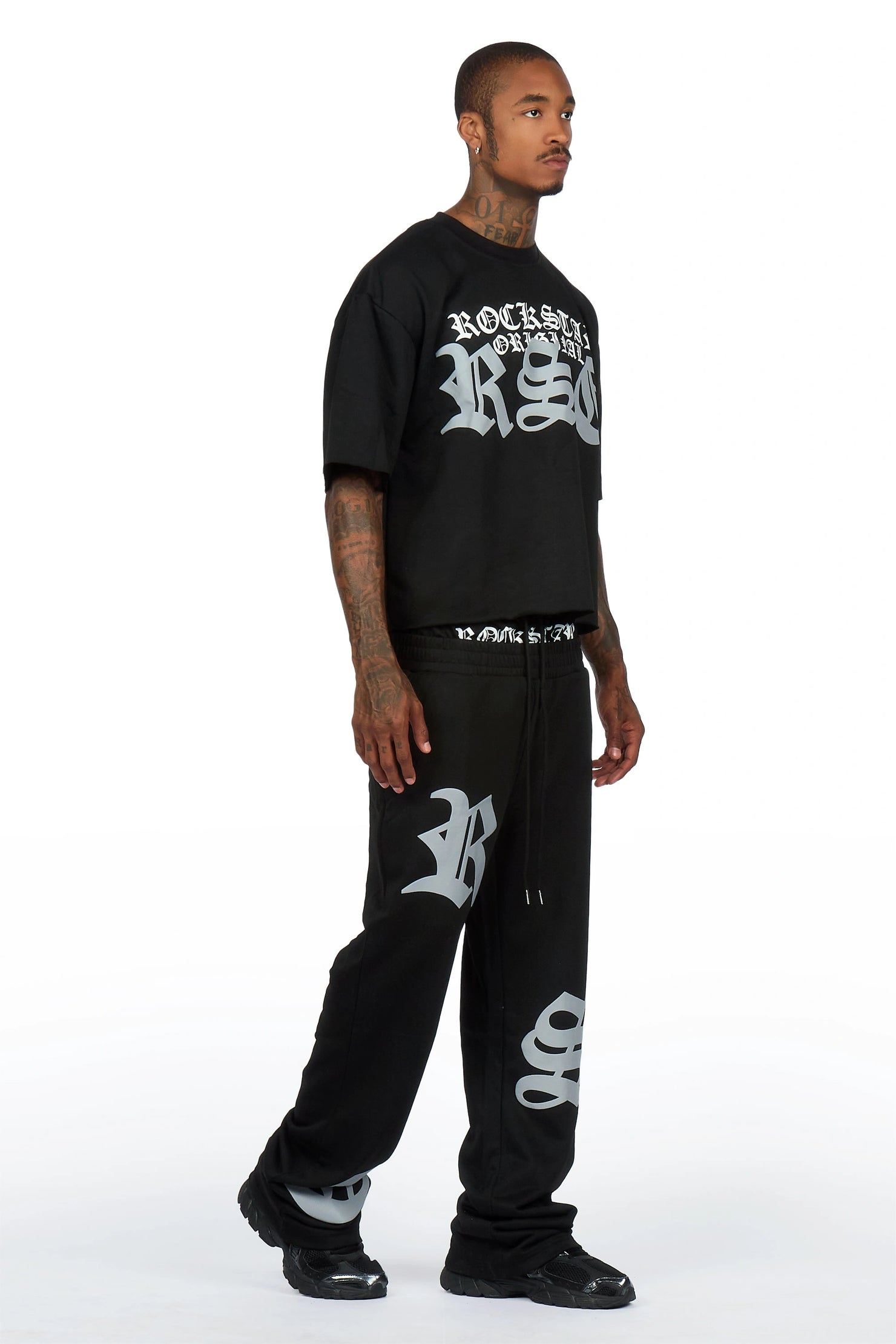 Burke Black Chenille Patch Boxy Tee/Double Waistband Pant Track Set